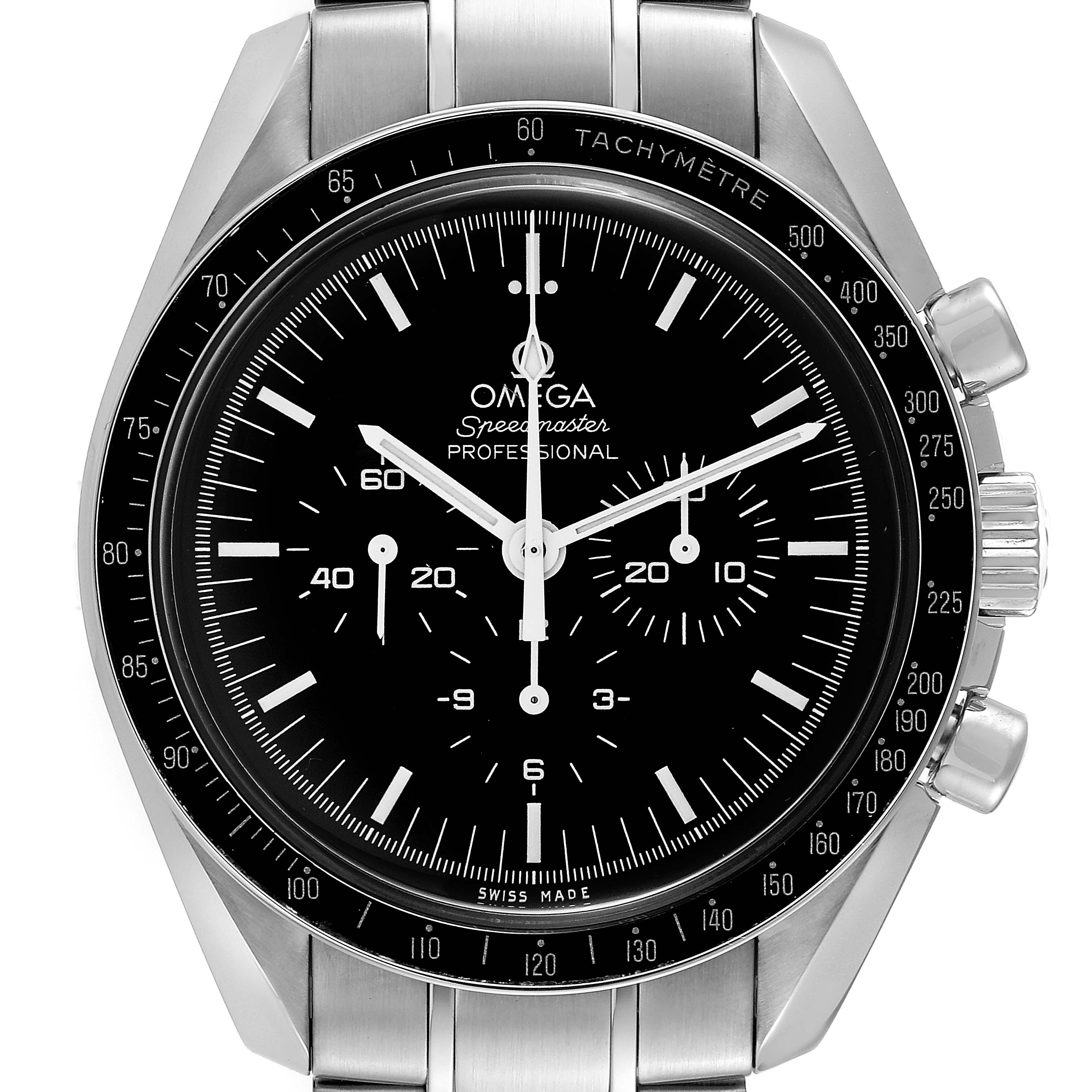 The image shows a frontal view of an Omega Speedmaster 311.30.42.30.01.005 Men
s Stainless Steel Black Dial 311.30.42.30.01.005 Men
s Stainless Steel Black Dial Professional watch, highlighting the dial, bezel, and chronograph buttons.