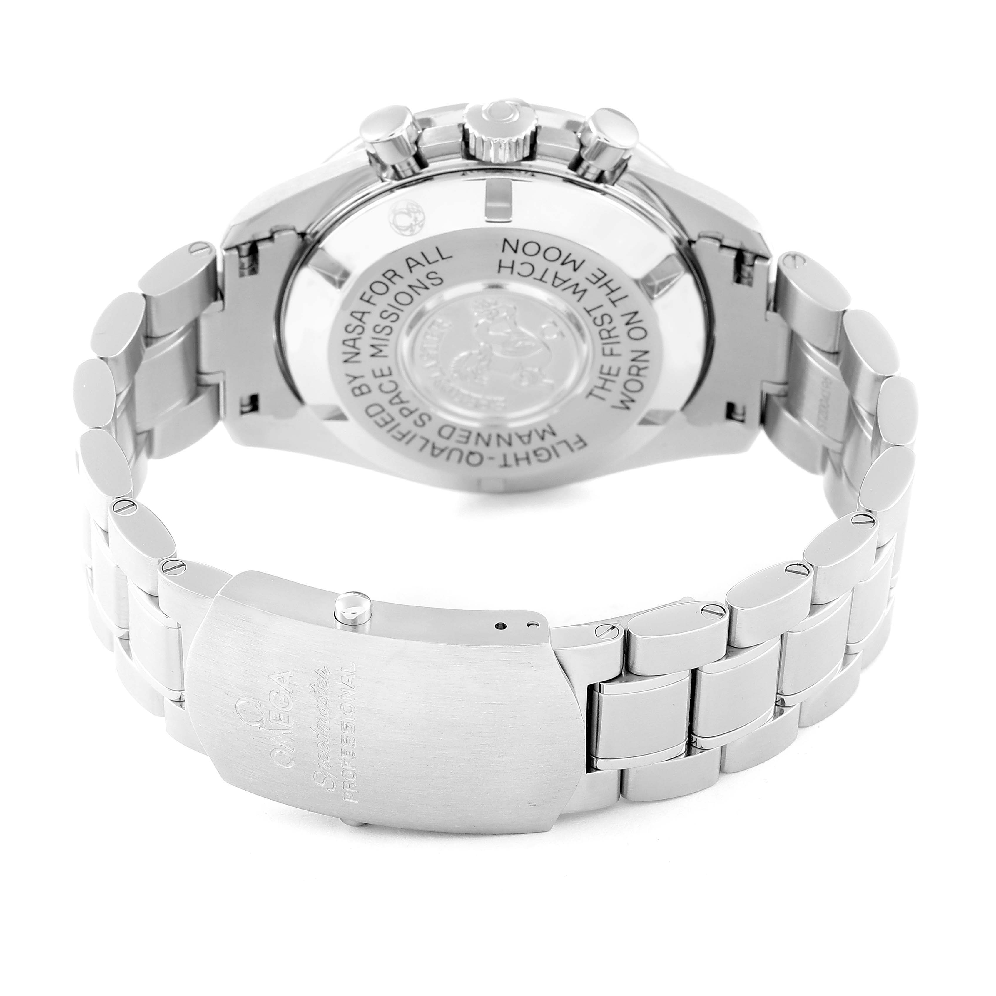 This image shows the back case and bracelet of an Omega Speedmaster 311.30.42.30.01.005 Men
s Stainless Steel Black Dial 311.30.42.30.01.005 Men
s Stainless Steel Black Dial watch, highlighting the engraved details and clasp.