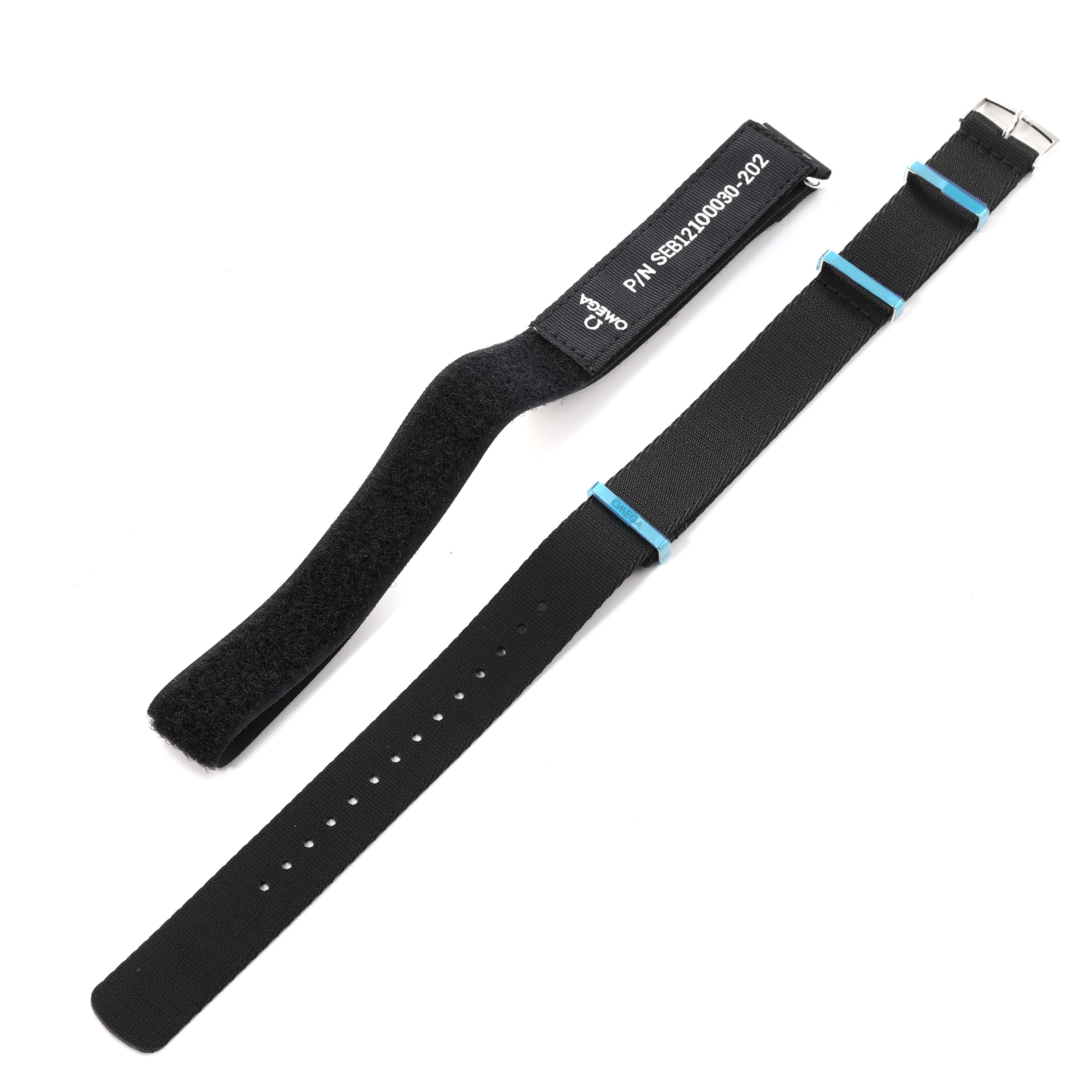 This image shows two black watch straps for the Omega Speedmaster 311.30.42.30.01.005 Men
s Stainless Steel Black Dial 311.30.42.30.01.005 Men
s Stainless Steel Black Dial, viewed from above.