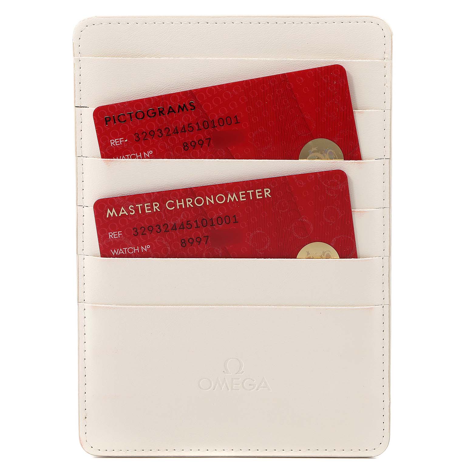 This image shows an Omega Speedmaster 329.32.44.51.01.001 Men
s Stainless Steel Black Dial 329.32.44.51.01.001 Men
s Stainless Steel Black Dial watch
s accessories: a white cardholder displaying two red pictogram and master chronometer cards.