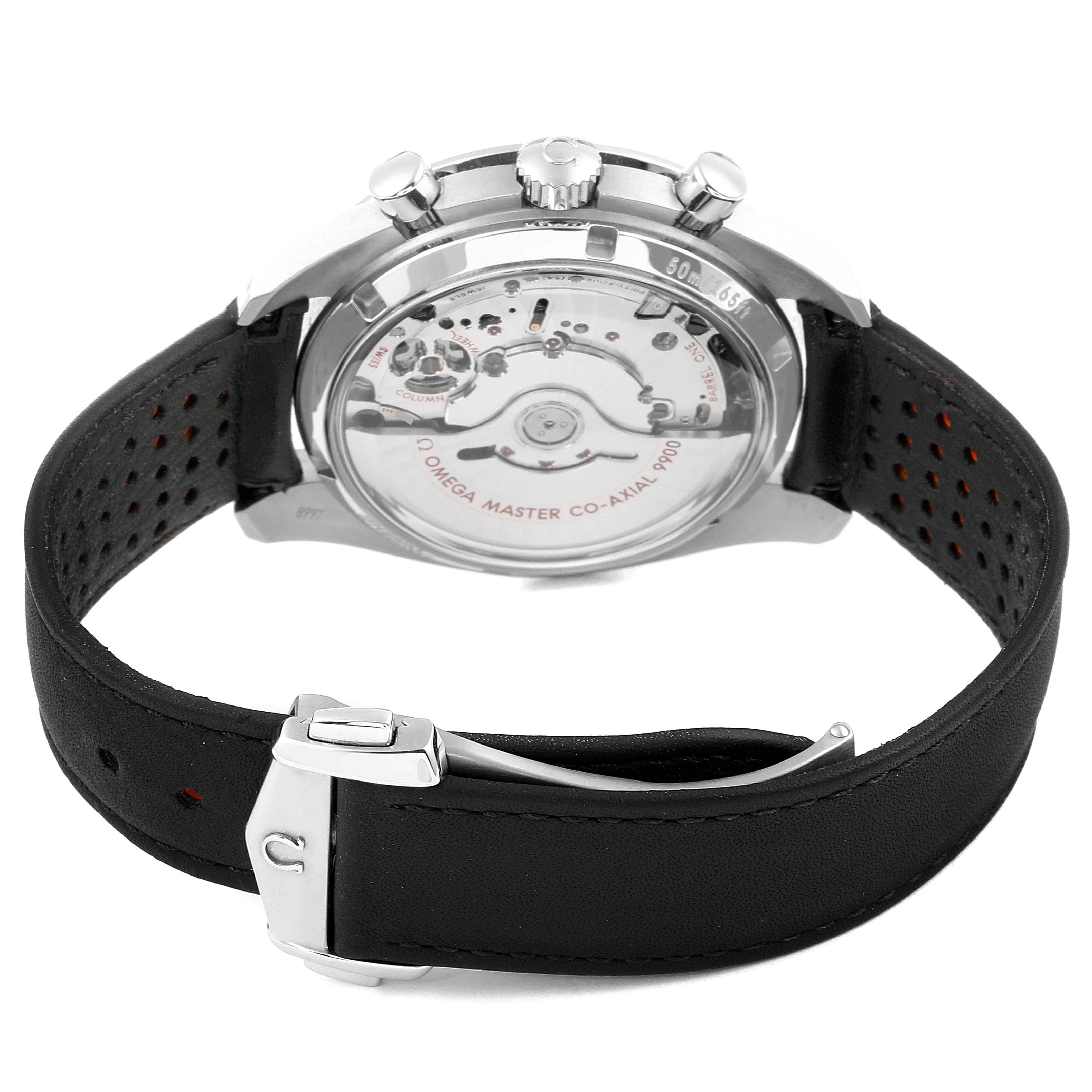 The image shows the rear view of an Omega Speedmaster 329.32.44.51.01.001 Men
s Stainless Steel Black Dial 329.32.44.51.01.001 Men
s Stainless Steel Black Dial watch, highlighting its transparent case back and movement, along with the black strap.