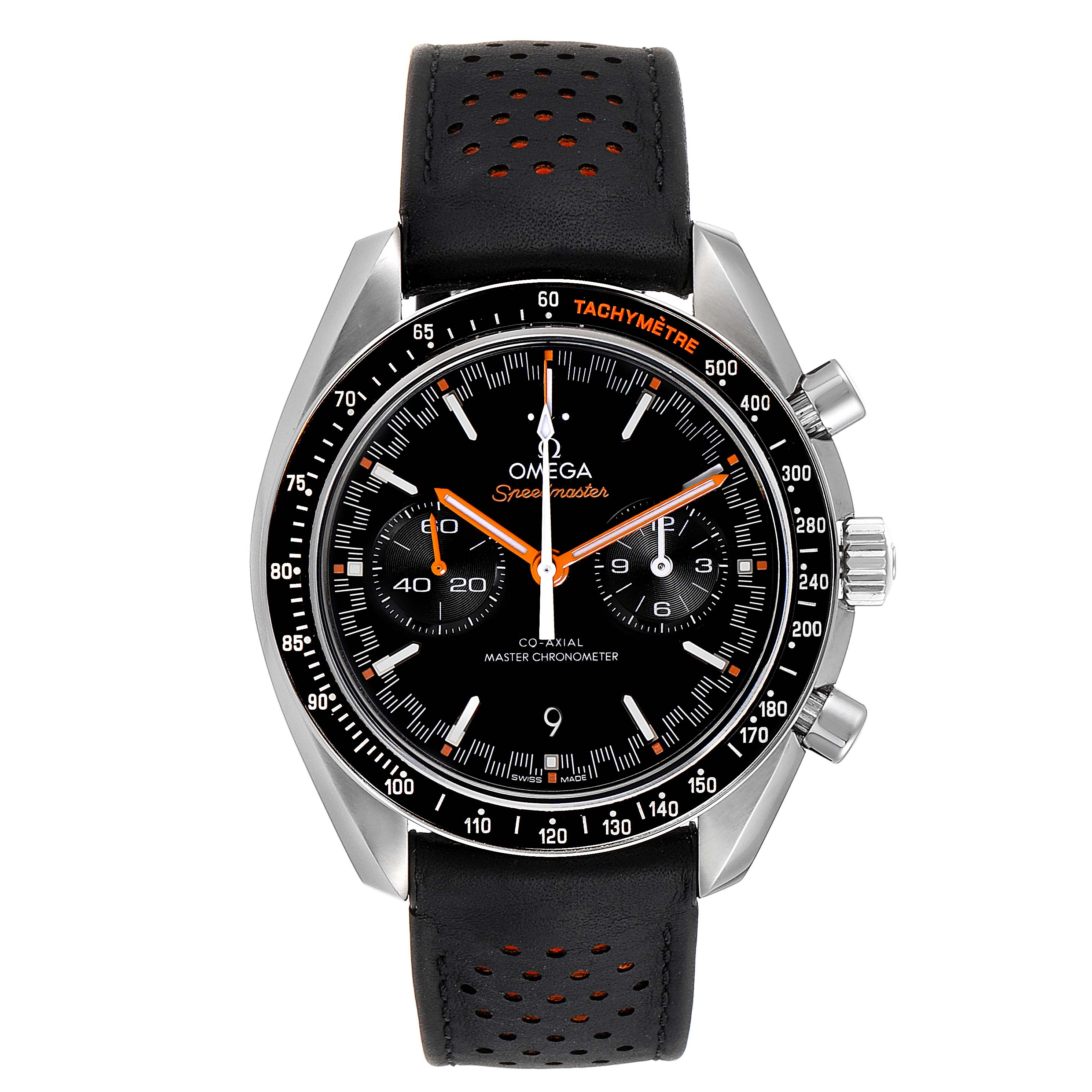 The image shows a front view of the Omega Speedmaster 329.32.44.51.01.001 Men
s Stainless Steel Black Dial 329.32.44.51.01.001 Men
s Stainless Steel Black Dial watch, with a black dial, orange accents, and a perforated black strap.