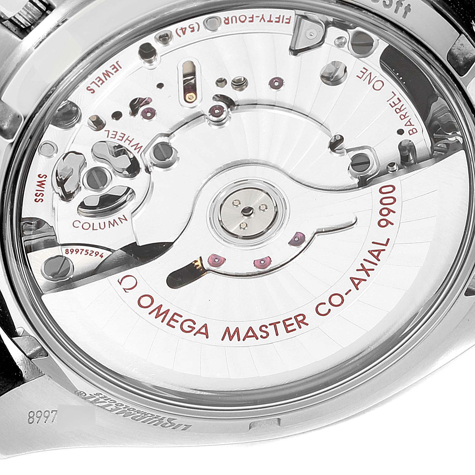 This image shows the back view of the Omega Speedmaster 329.32.44.51.01.001 Men
s Stainless Steel Black Dial 329.32.44.51.01.001 Men
s Stainless Steel Black Dial, highlighting its Master Co-Axial 9900 movement.