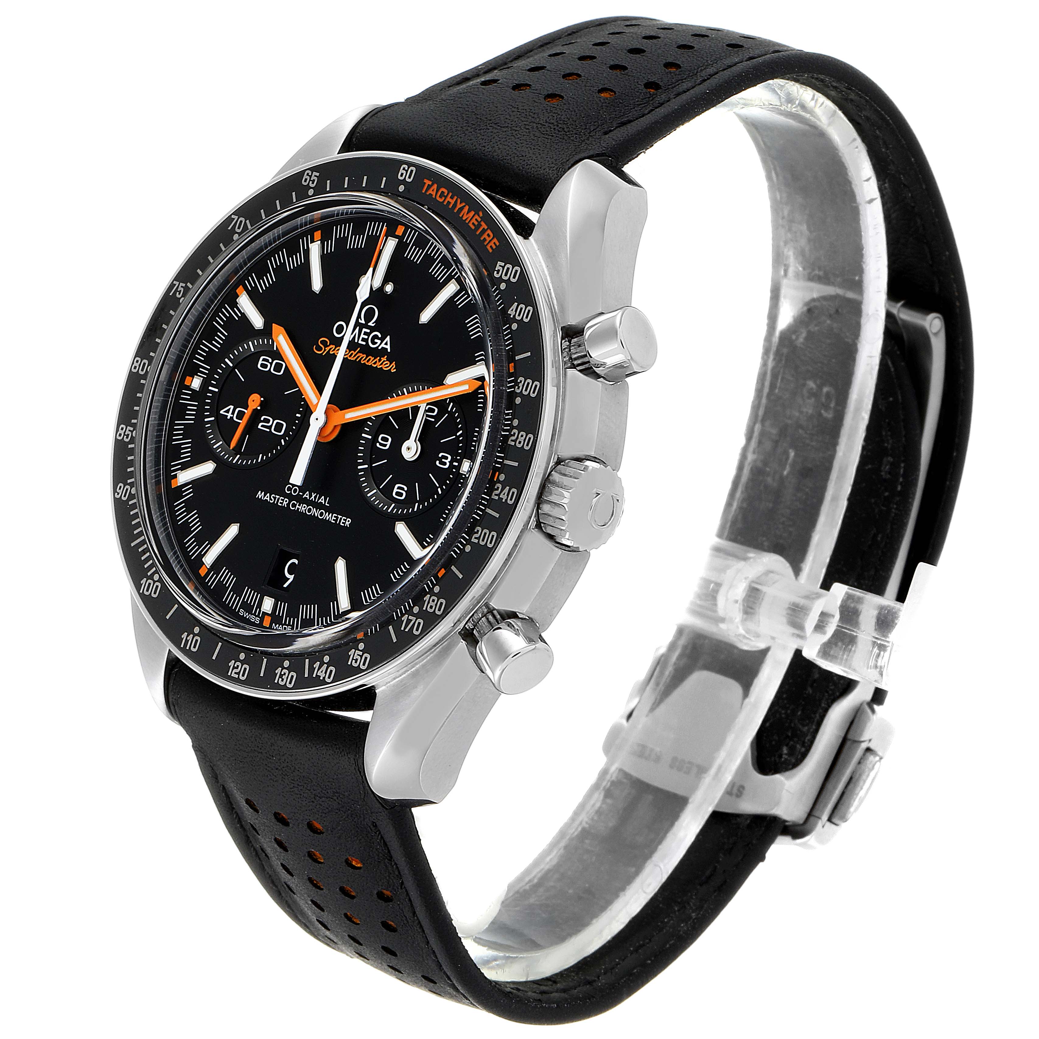 The Omega Speedmaster 329.32.44.51.01.001 Men
s Stainless Steel Black Dial 329.32.44.51.01.001 Men
s Stainless Steel Black Dial watch is viewed at an angle showcasing the bezel, dial, crown, pushers, and black leather strap.