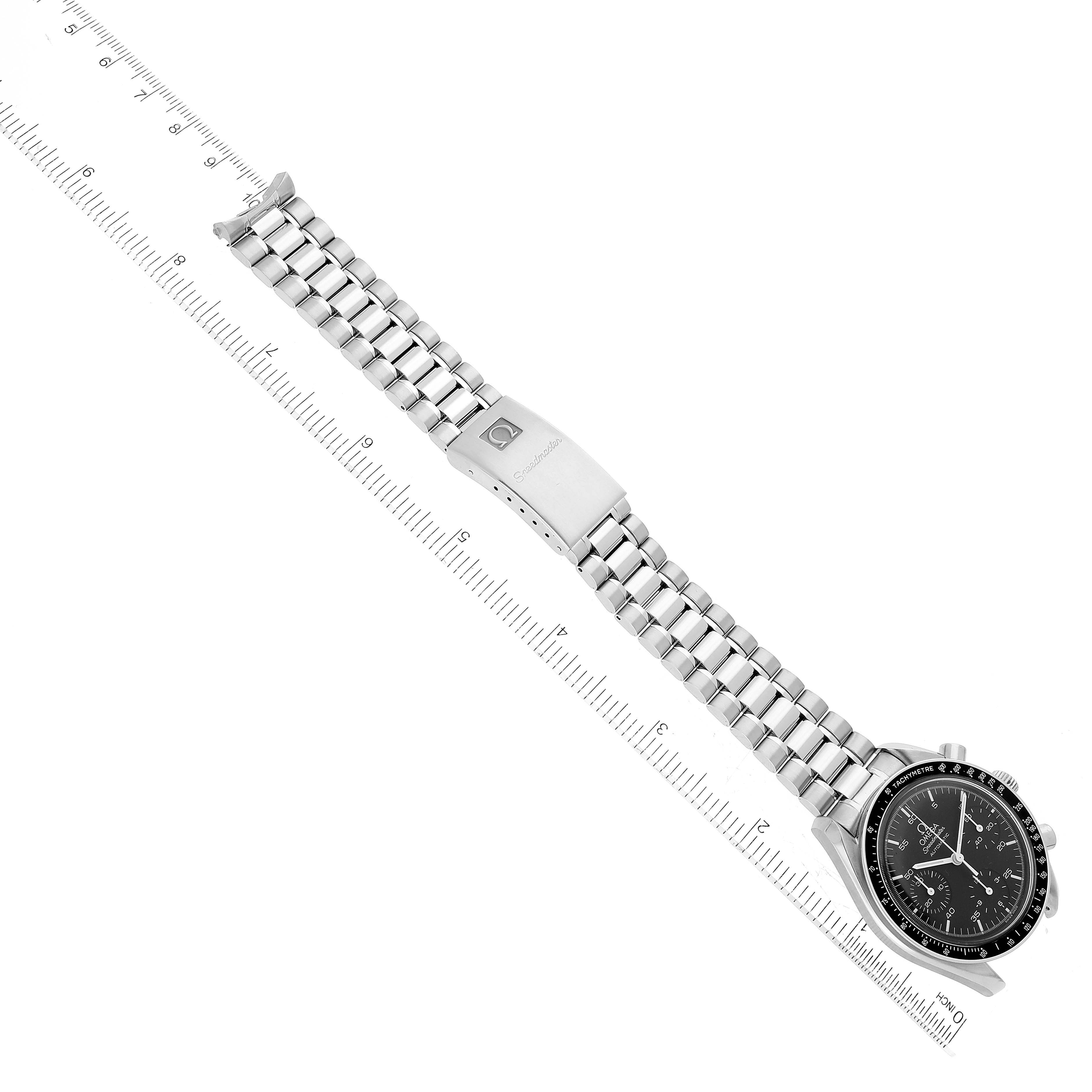 The Omega Speedmaster 3510.50.00 Men
s Stainless Steel Black Dial 3510.50.00 Men
s Stainless Steel Black Dial watch is shown in a top-down view, displaying its face and full metal bracelet.