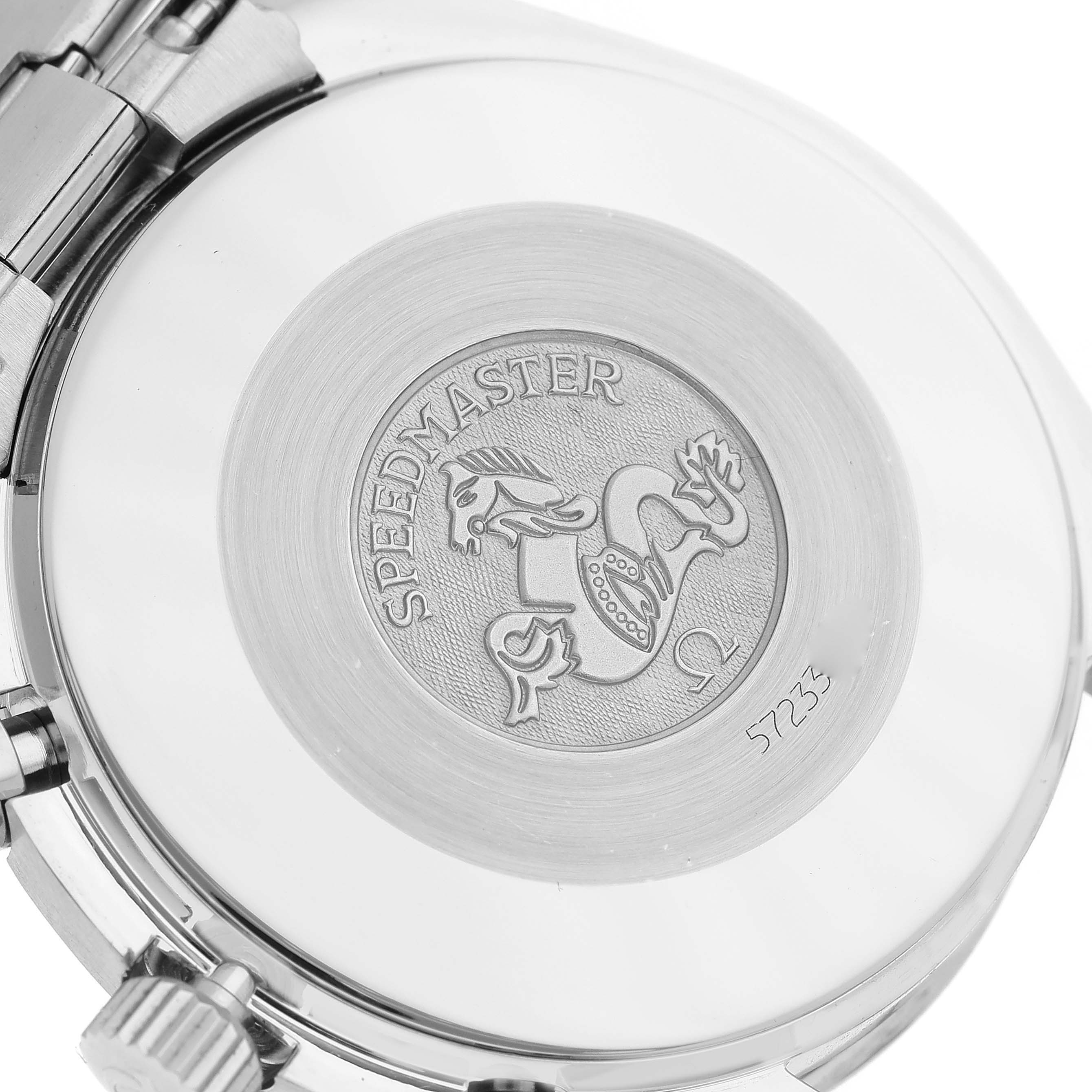 This image shows the engraved case back of an Omega Speedmaster 3510.50.00 Men
s Stainless Steel Black Dial 3510.50.00 Men
s Stainless Steel Black Dial watch viewed from the rear.