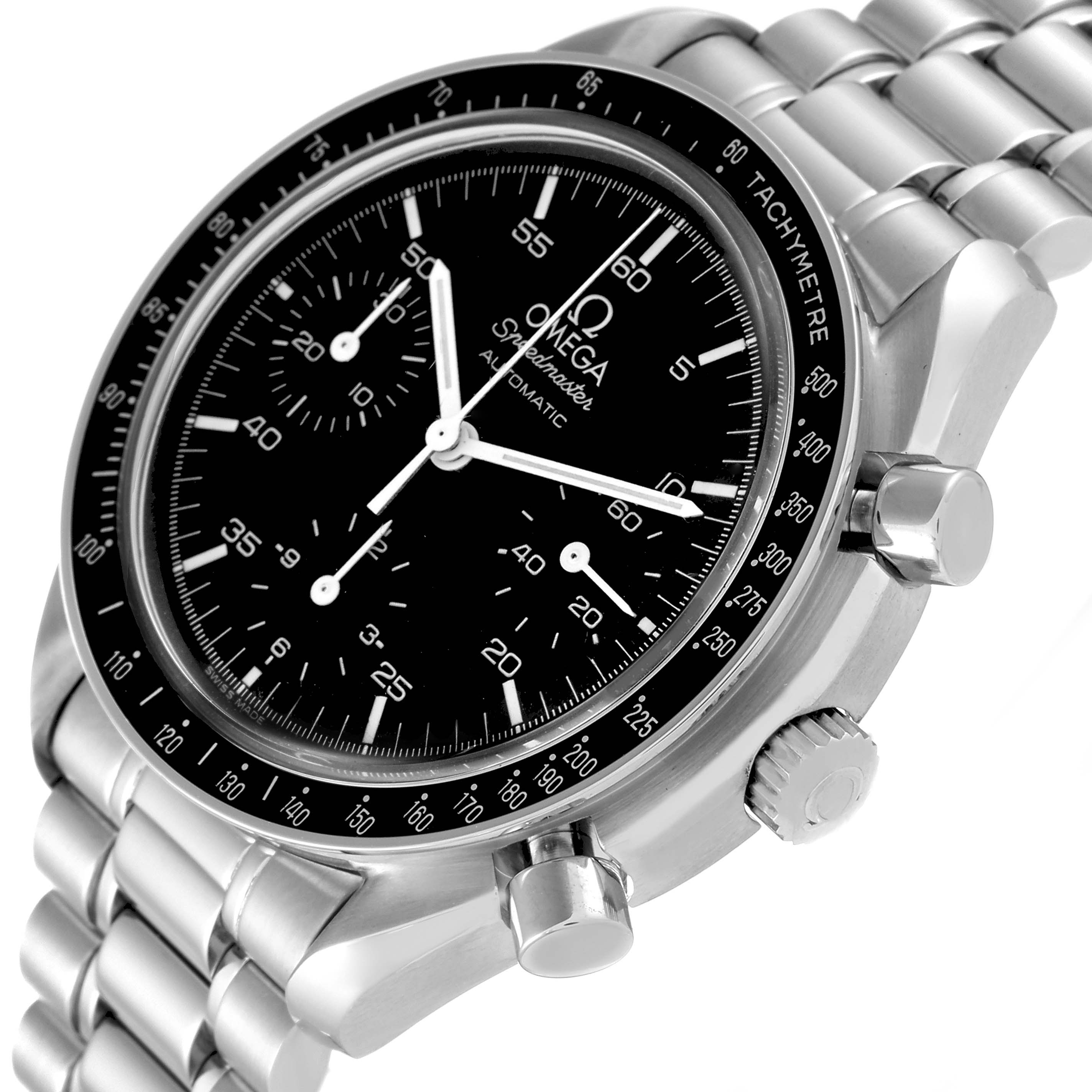 This image shows a close-up view of the Omega Speedmaster 3510.50.00 Men
s Stainless Steel Black Dial 3510.50.00 Men
s Stainless Steel Black Dial watch highlighting its dial, bezel, pushers, crown, and metal bracelet.