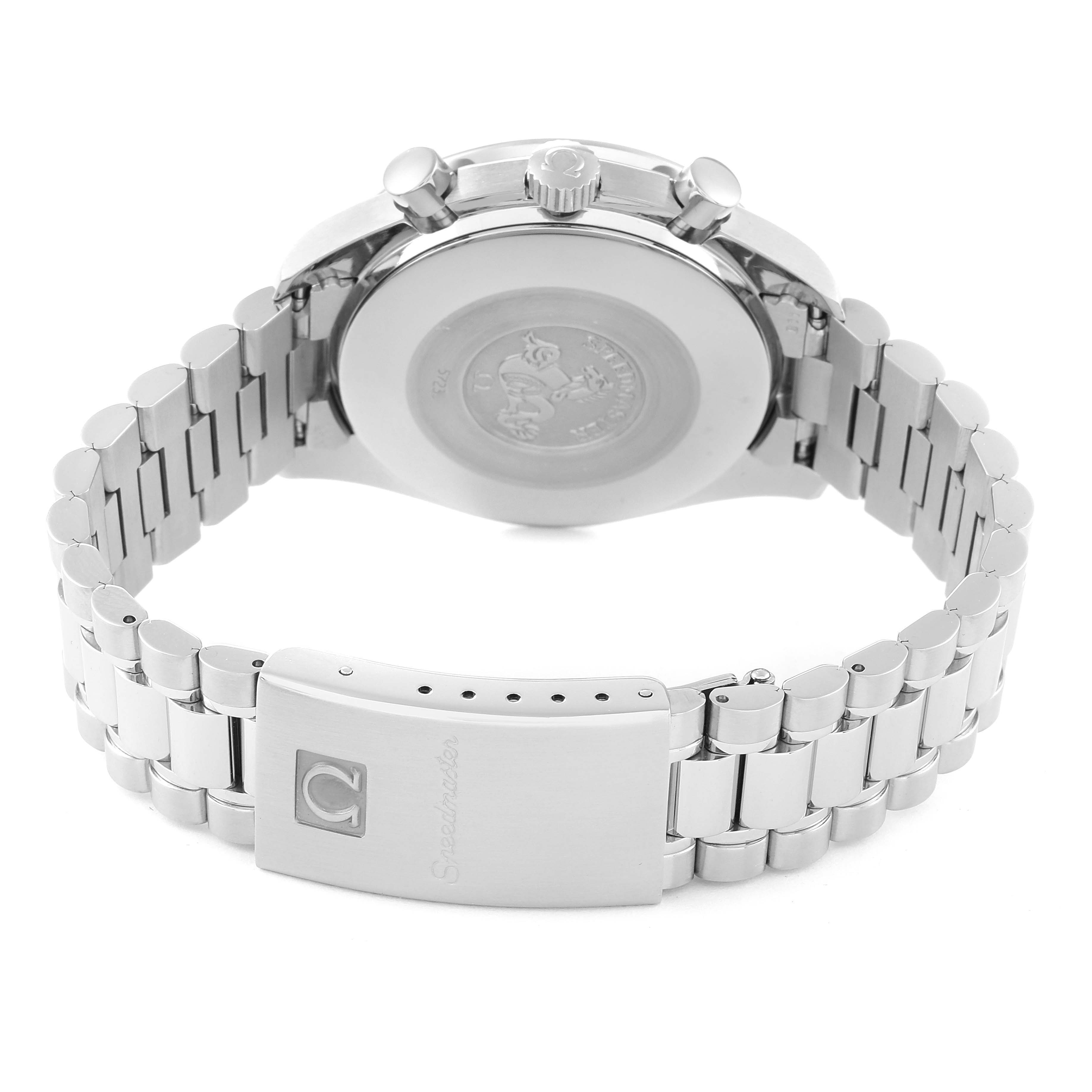 The image shows the back of an Omega Speedmaster 3510.50.00 Men
s Stainless Steel Black Dial 3510.50.00 Men
s Stainless Steel Black Dial watch, including the case back, pushers, crown, and the bracelet with clasp.