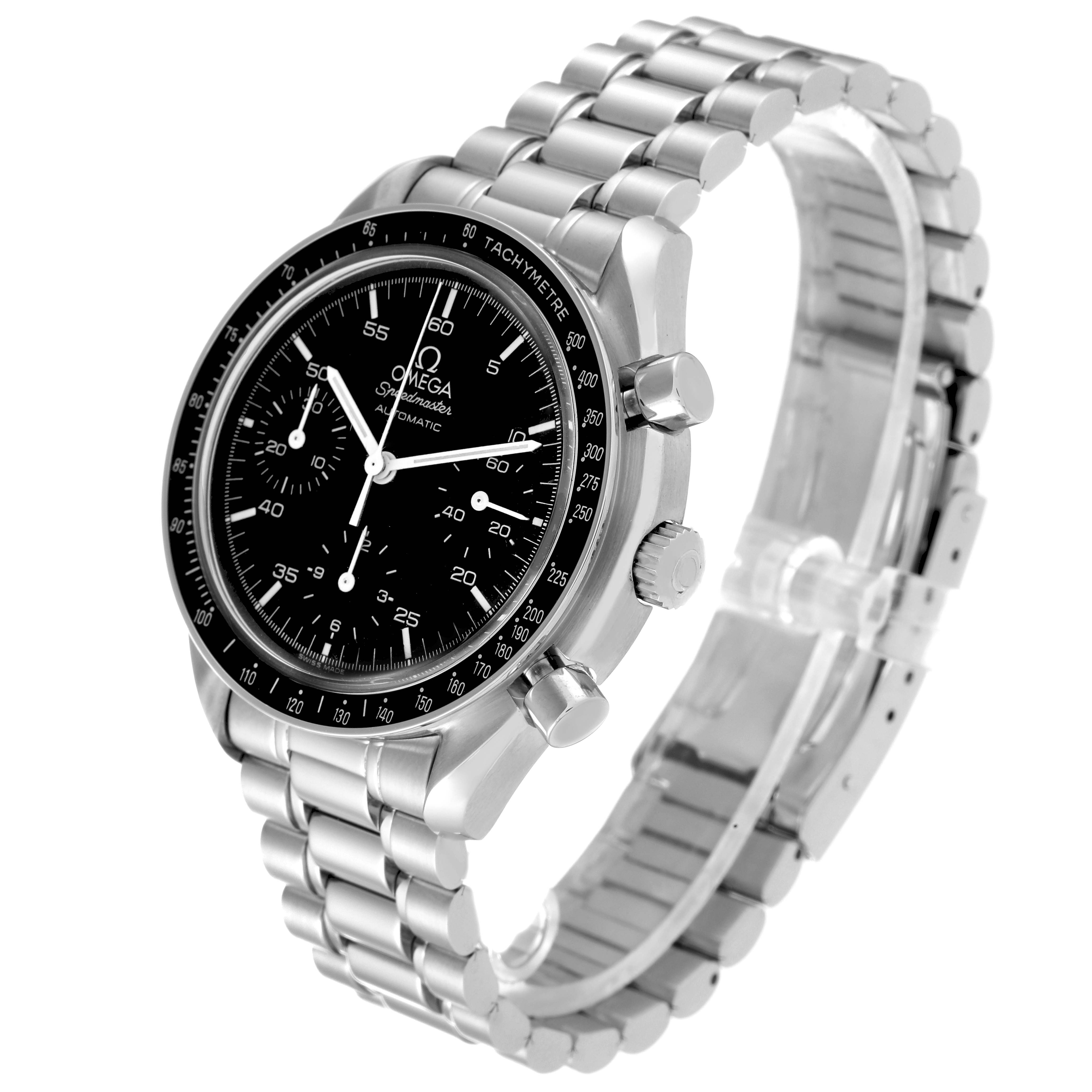 The Omega Speedmaster 3510.50.00 Men
s Stainless Steel Black Dial 3510.50.00 Men
s Stainless Steel Black Dial watch is shown at a three-quarter angle, displaying the face, bezel, and metal bracelet.