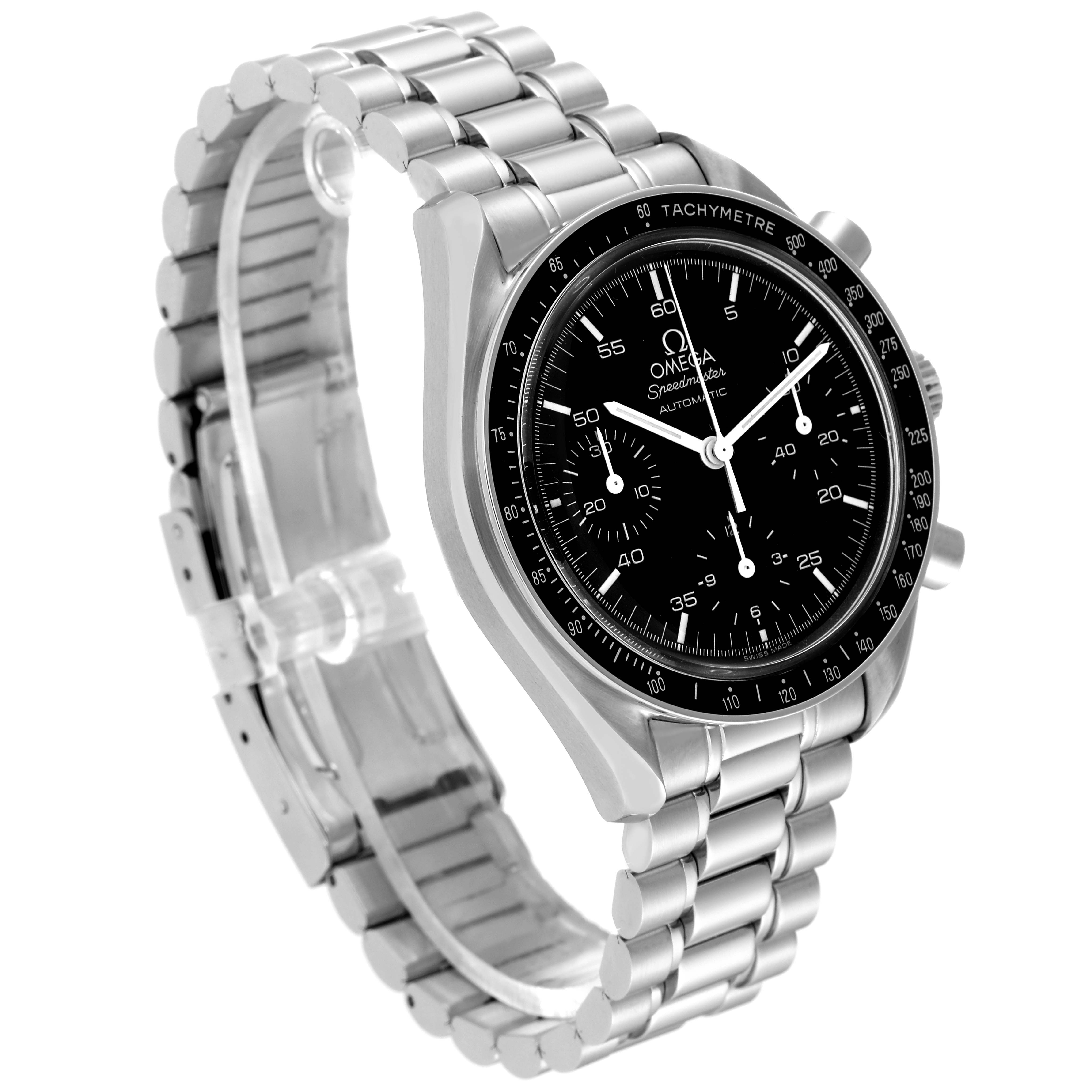 The image shows a three-quarter view of the Omega Speedmaster 3510.50.00 Men
s Stainless Steel Black Dial 3510.50.00 Men
s Stainless Steel Black Dial with a stainless steel bracelet and black dial.