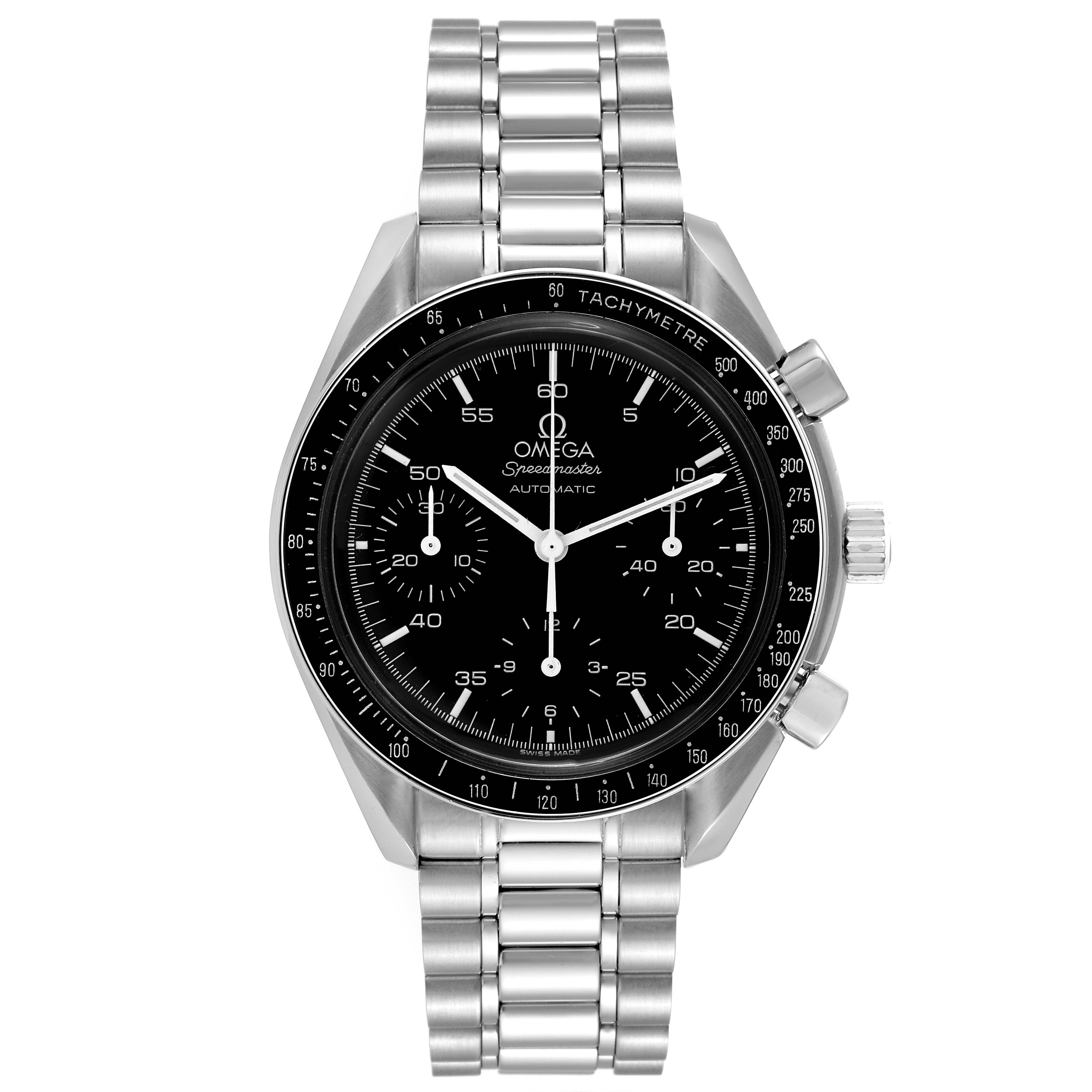 The image shows a front view of the Omega Speedmaster 3510.50.00 Men
s Stainless Steel Black Dial 3510.50.00 Men
s Stainless Steel Black Dial watch, displaying the dial, bezel, and bracelet.