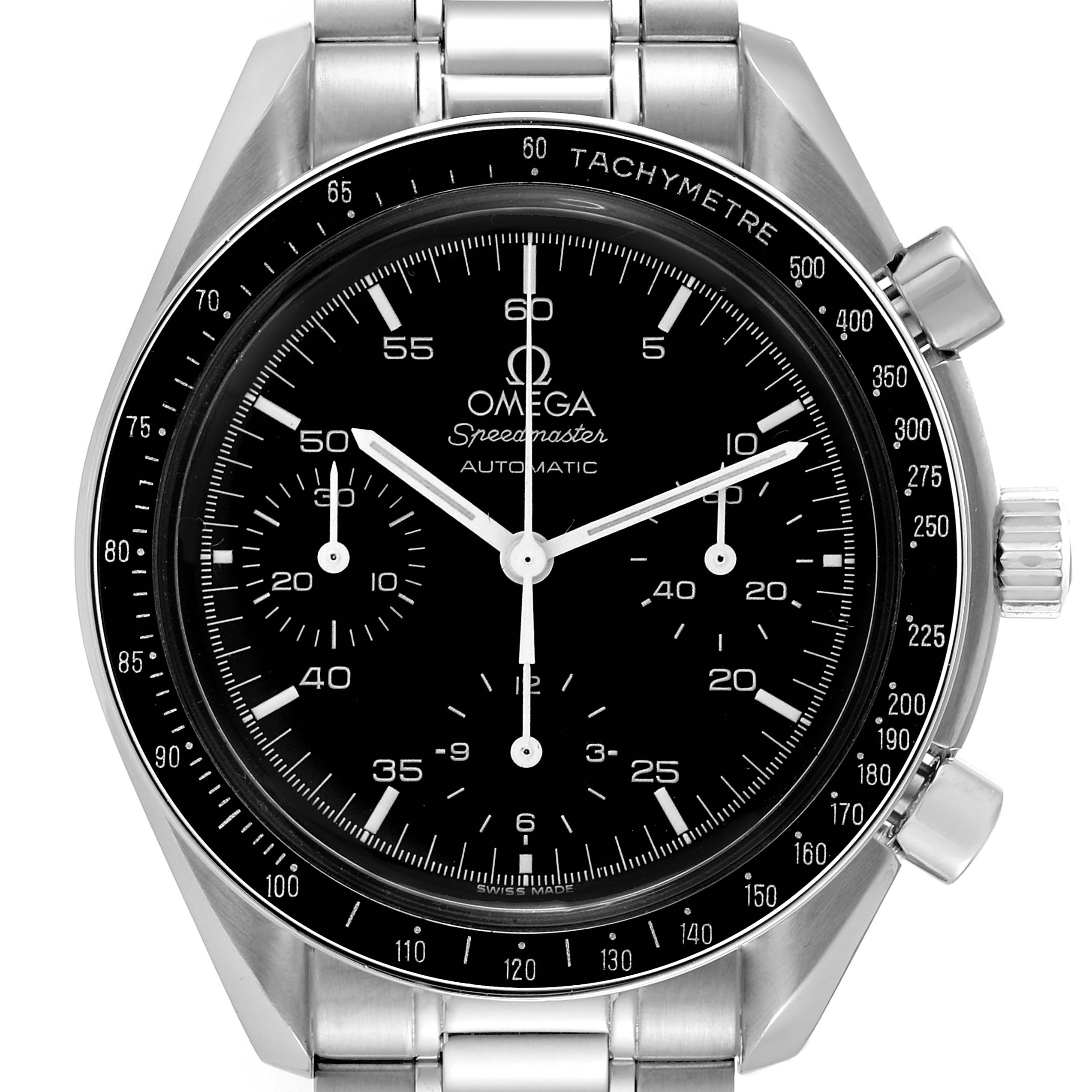 The image shows a front view of an Omega Speedmaster 3510.50.00 Men
s Stainless Steel Black Dial 3510.50.00 Men
s Stainless Steel Black Dial watch displaying its face, bezel, and part of the bracelet.