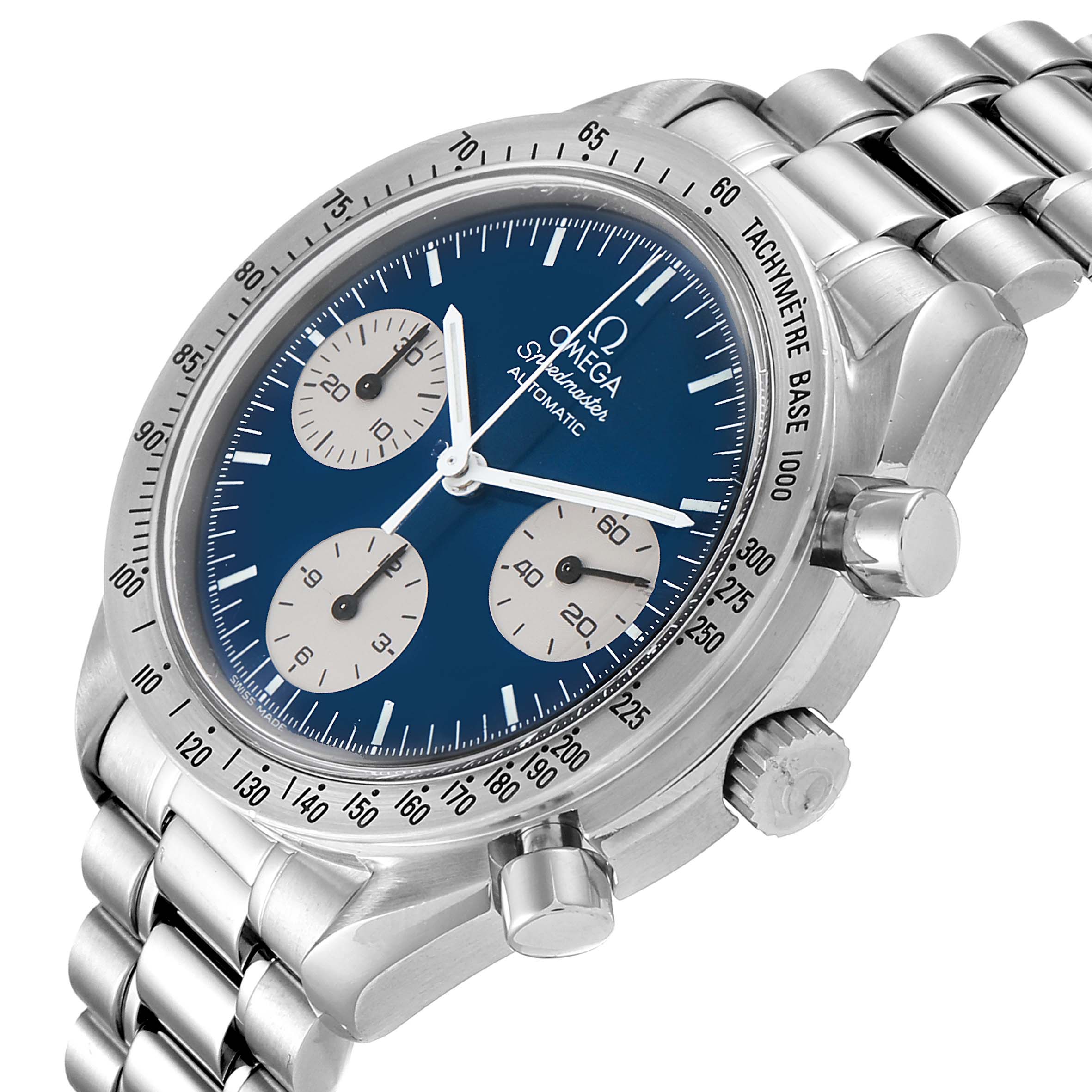The image shows an angled view of the Omega Speedmaster 3510.82.00 Men
s Stainless Steel Blue Dial 3510.82.00 Men
s Stainless Steel Blue Dial, featuring the dial, bezel, pushers, and bracelet.