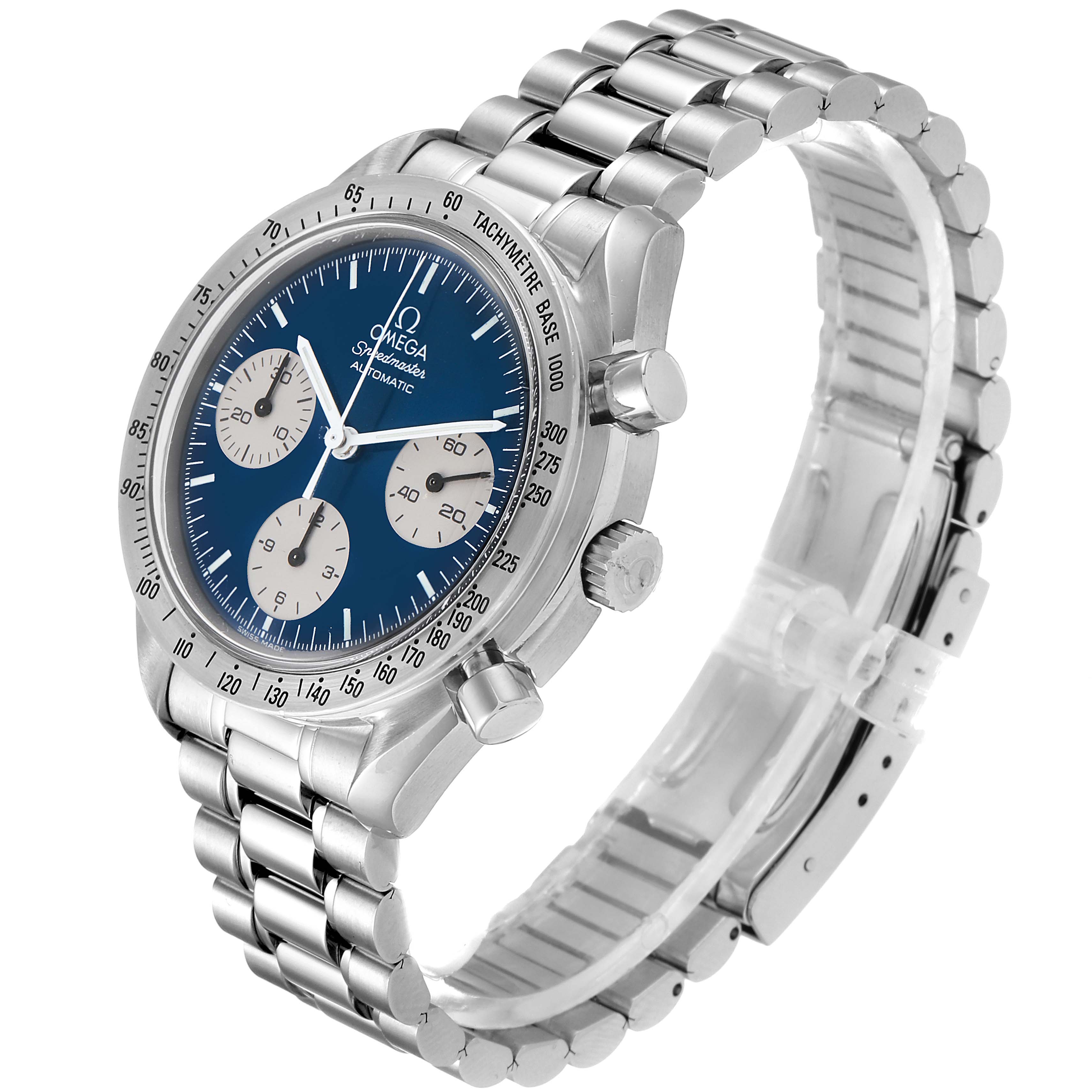 The image shows an Omega Speedmaster 3510.82.00 Men
s Stainless Steel Blue Dial 3510.82.00 Men
s Stainless Steel Blue Dial watch at an angle featuring its face, crown, chronograph buttons, and metal bracelet.