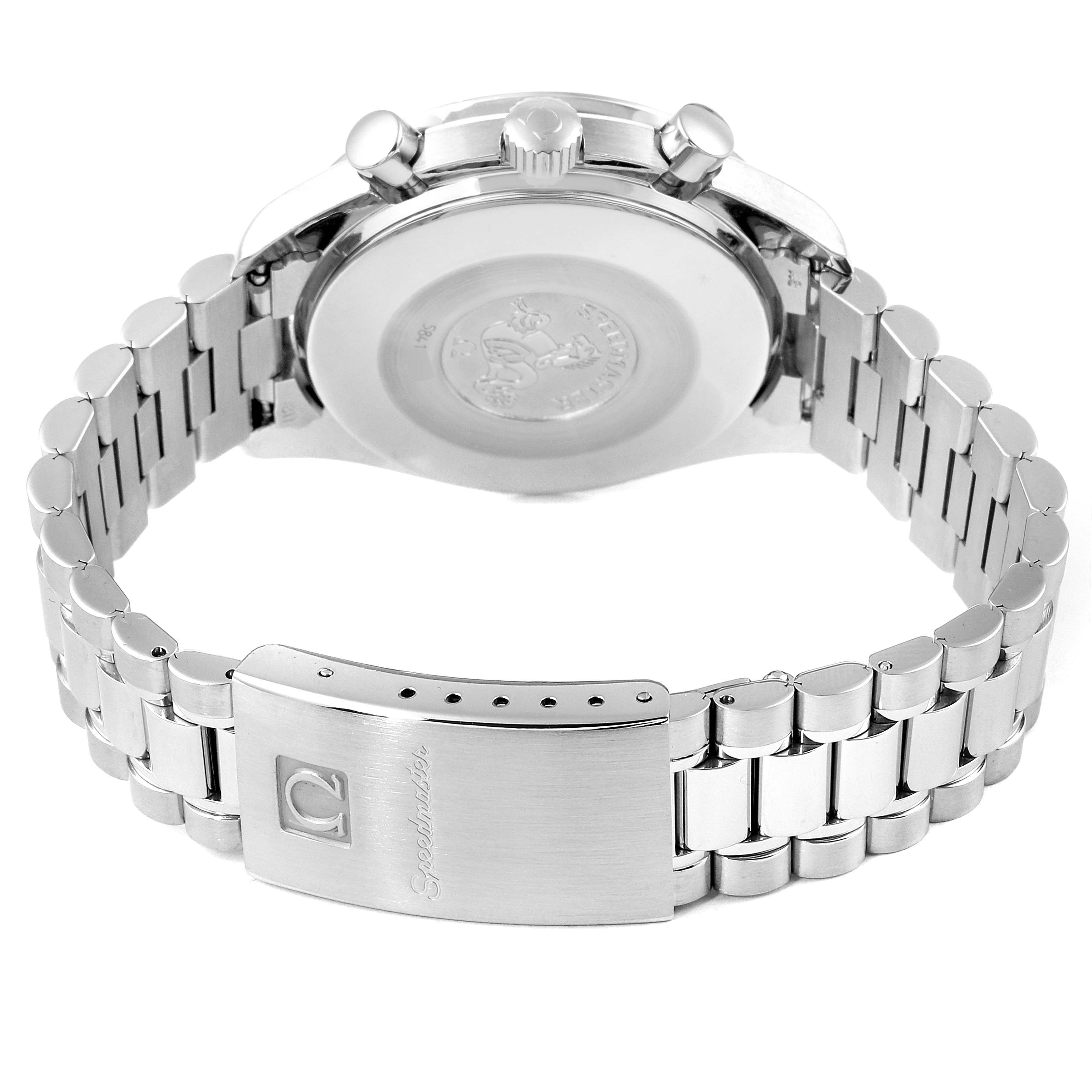 The image shows the back view of an Omega Speedmaster 3510.82.00 Men
s Stainless Steel Blue Dial 3510.82.00 Men
s Stainless Steel Blue Dial watch, focusing on its clasp, bracelet, and case back.