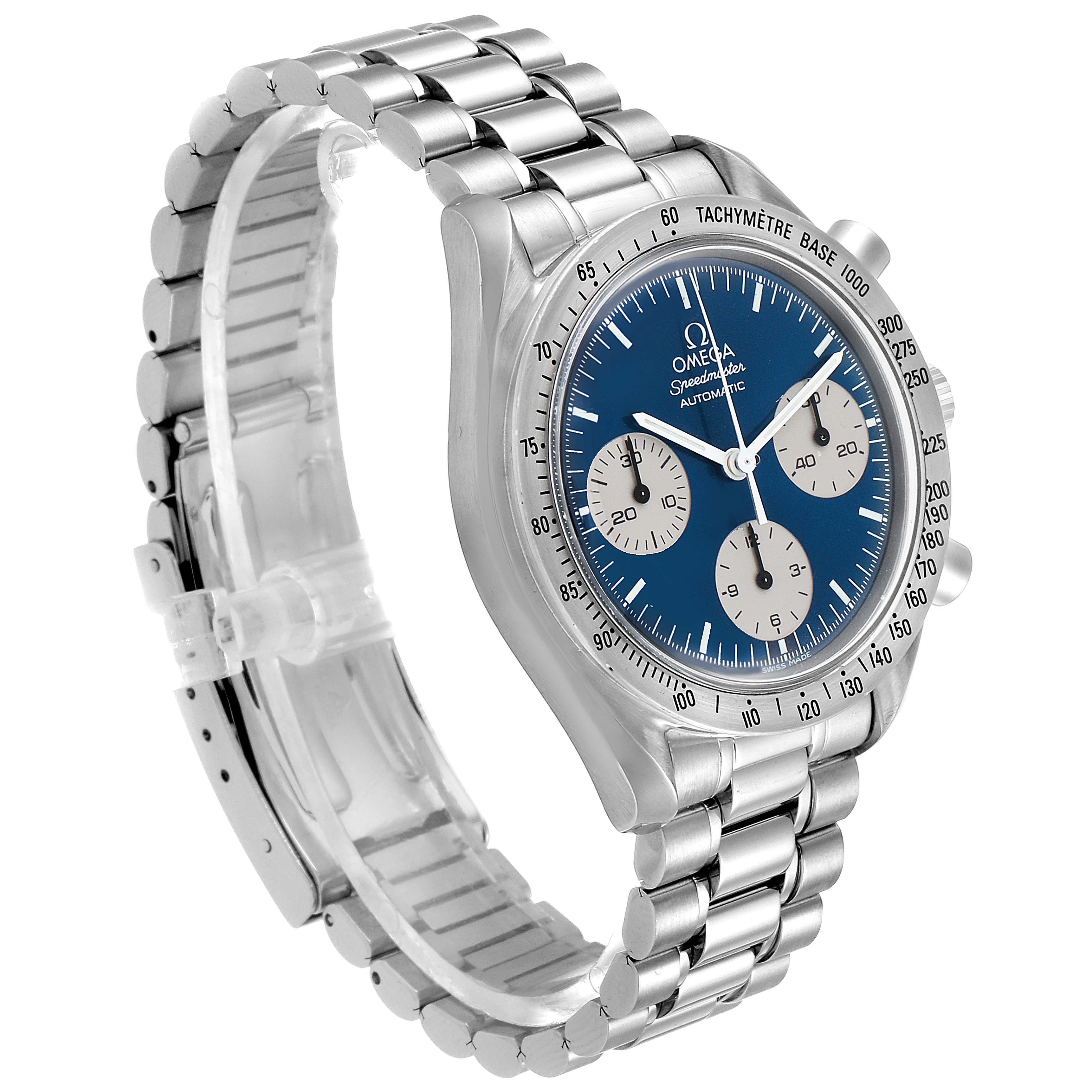 This image shows an Omega Speedmaster 3510.82.00 Men
s Stainless Steel Blue Dial 3510.82.00 Men
s Stainless Steel Blue Dial watch at a three-quarter angle, highlighting its blue dial, tachymeter bezel, and stainless steel bracelet.