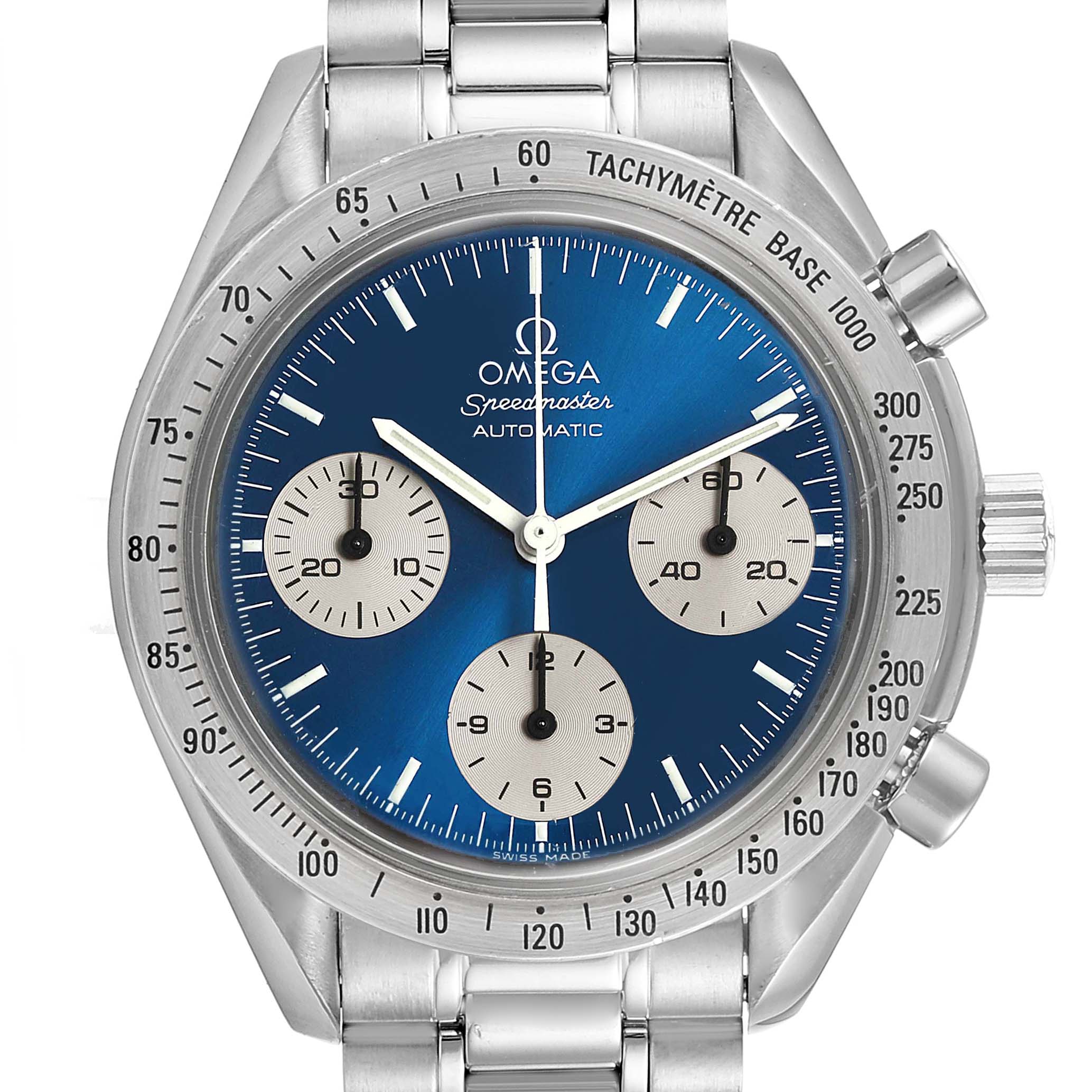 The image shows a frontal view of the Omega Speedmaster 3510.82.00 Men
s Stainless Steel Blue Dial 3510.82.00 Men
s Stainless Steel Blue Dial watch, highlighting its blue dial, tachymeter bezel, and sub-dials.