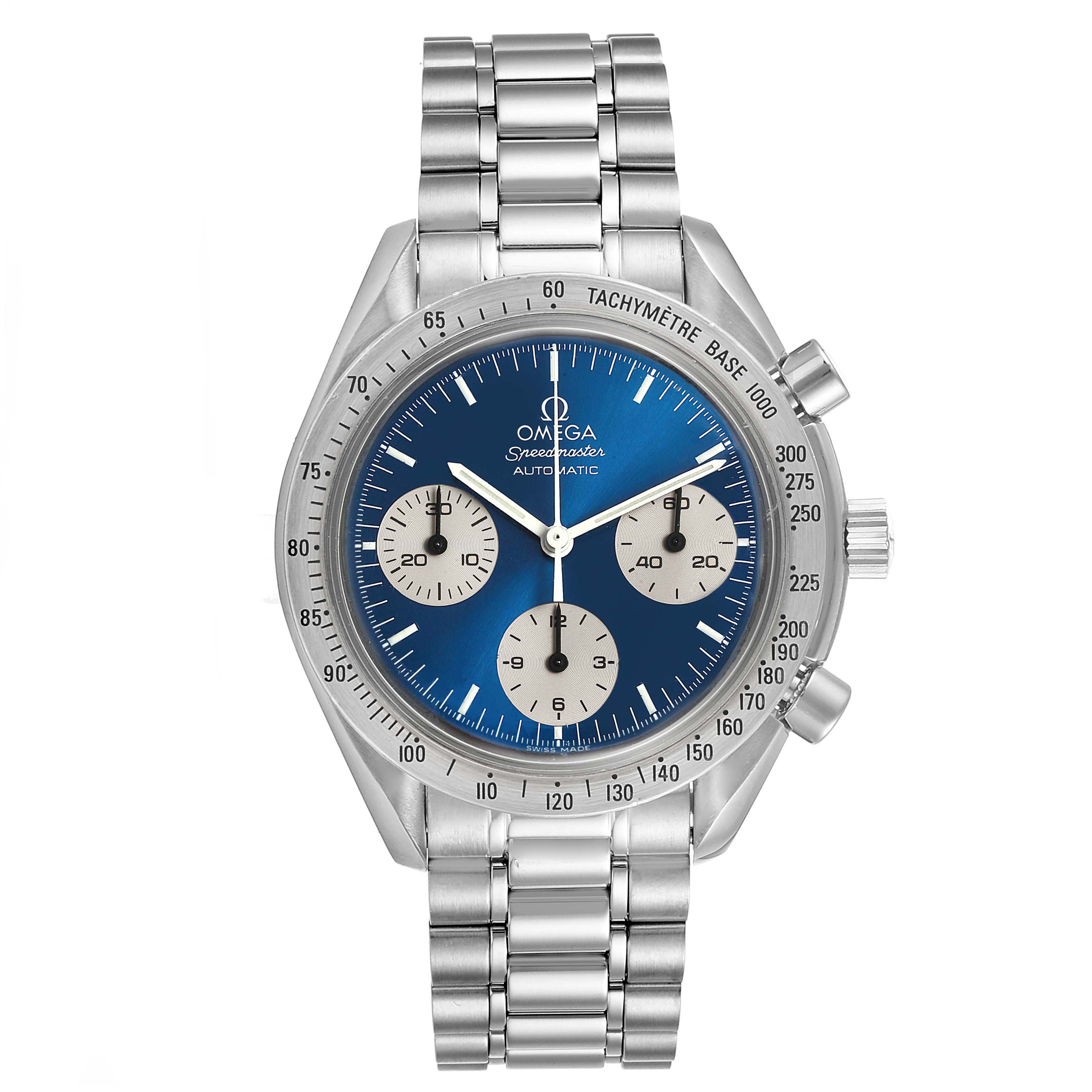 This image shows a front view of the Omega Speedmaster 3510.82.00 Men
s Stainless Steel Blue Dial 3510.82.00 Men
s Stainless Steel Blue Dial watch, highlighting its blue dial, chronograph subdials, and stainless steel bracelet.
