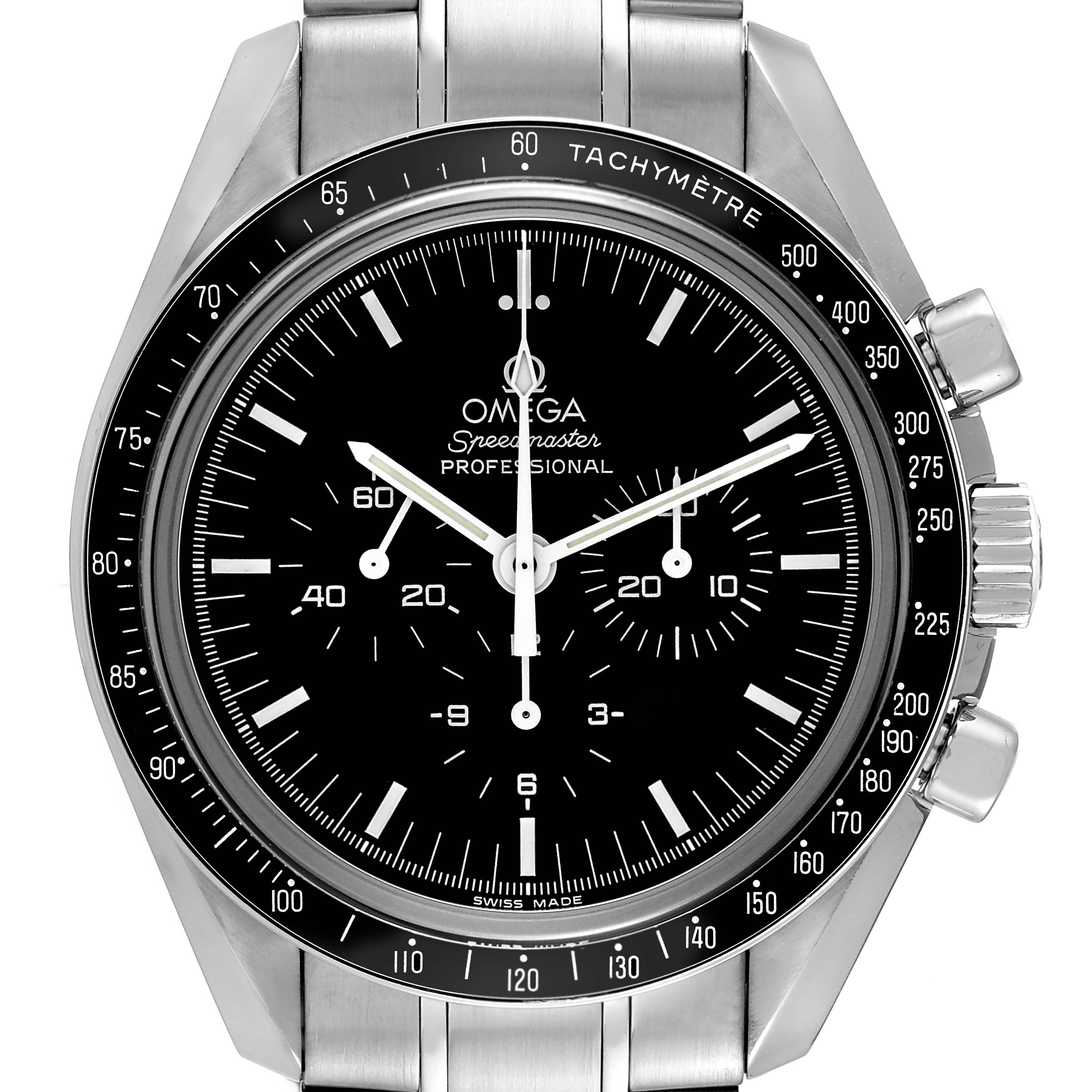 The image shows a front view of the Omega Speedmaster 3573.50.00 Men
s Stainless Steel Black Dial 3573.50.00 Men
s Stainless Steel Black Dial watch, highlighting the dial, bezel, and tachymeter scales.