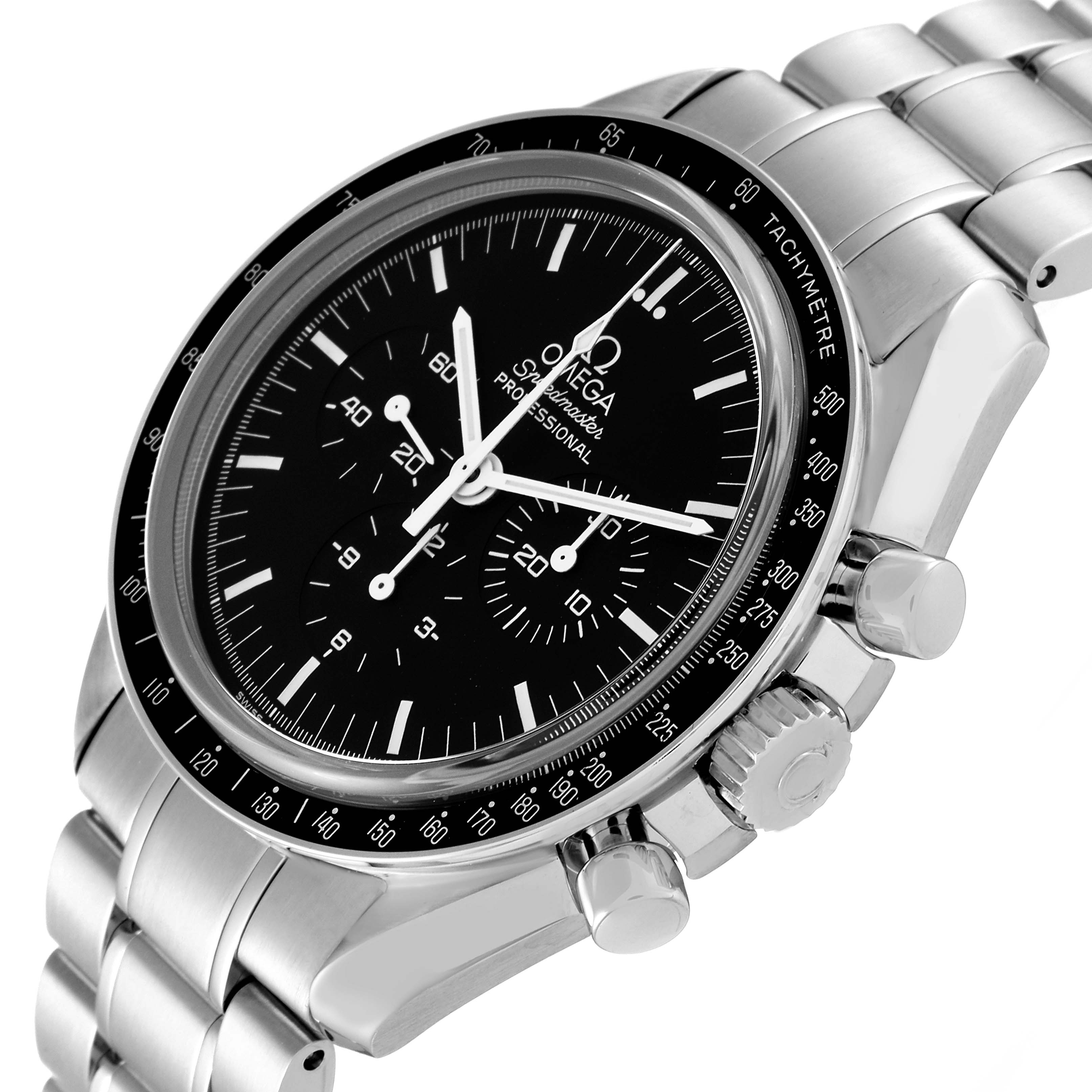 The Omega Speedmaster 3573.50.00 Men
s Stainless Steel Black Dial 3573.50.00 Men
s Stainless Steel Black Dial watch is shown at a slightly tilted angle, highlighting the face, bezel, crown, pushers, and bracelet.