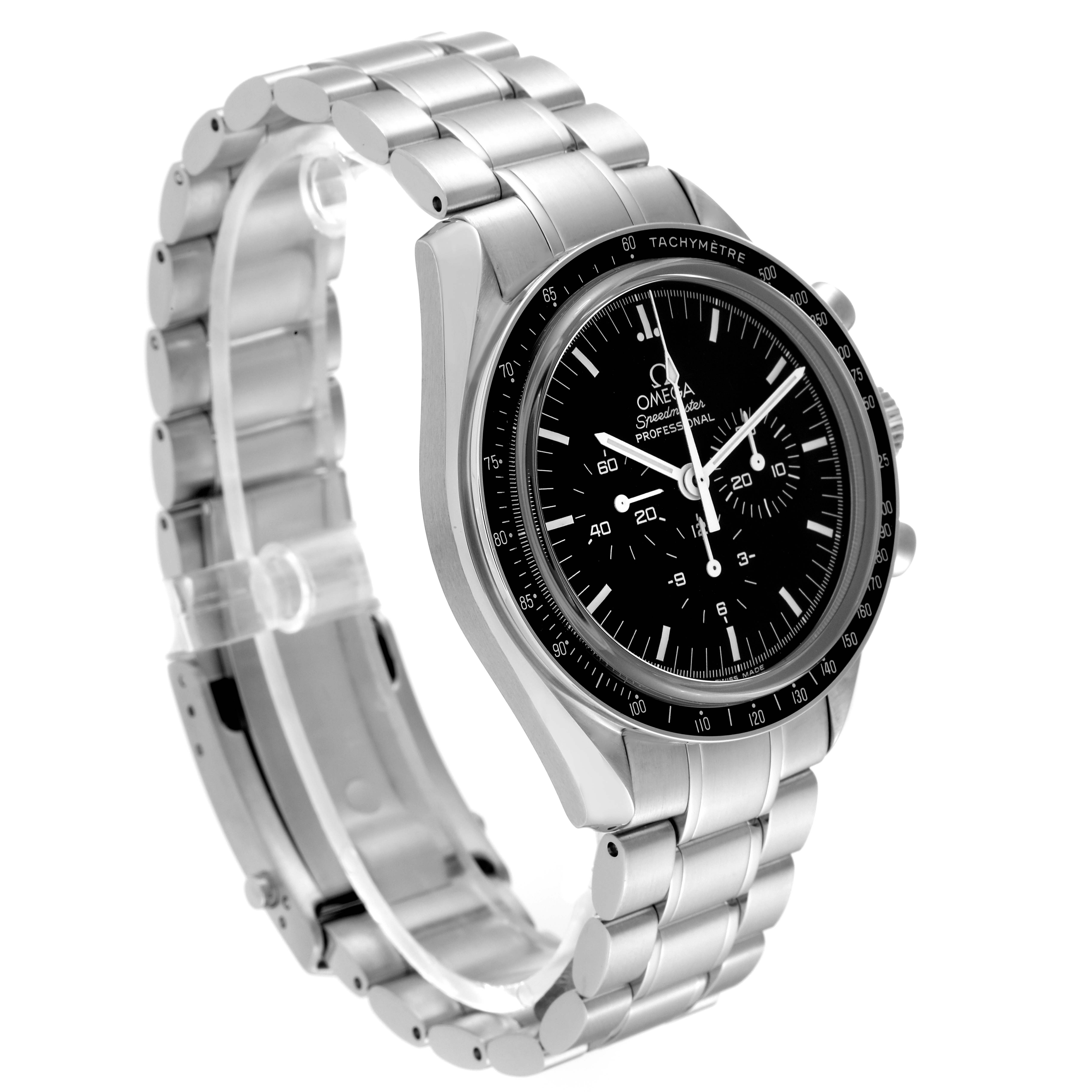 The Omega Speedmaster 3573.50.00 Men
s Stainless Steel Black Dial 3573.50.00 Men
s Stainless Steel Black Dial watch is shown at an angle displaying its black dial, bezel, chronograph features, and stainless steel bracelet.