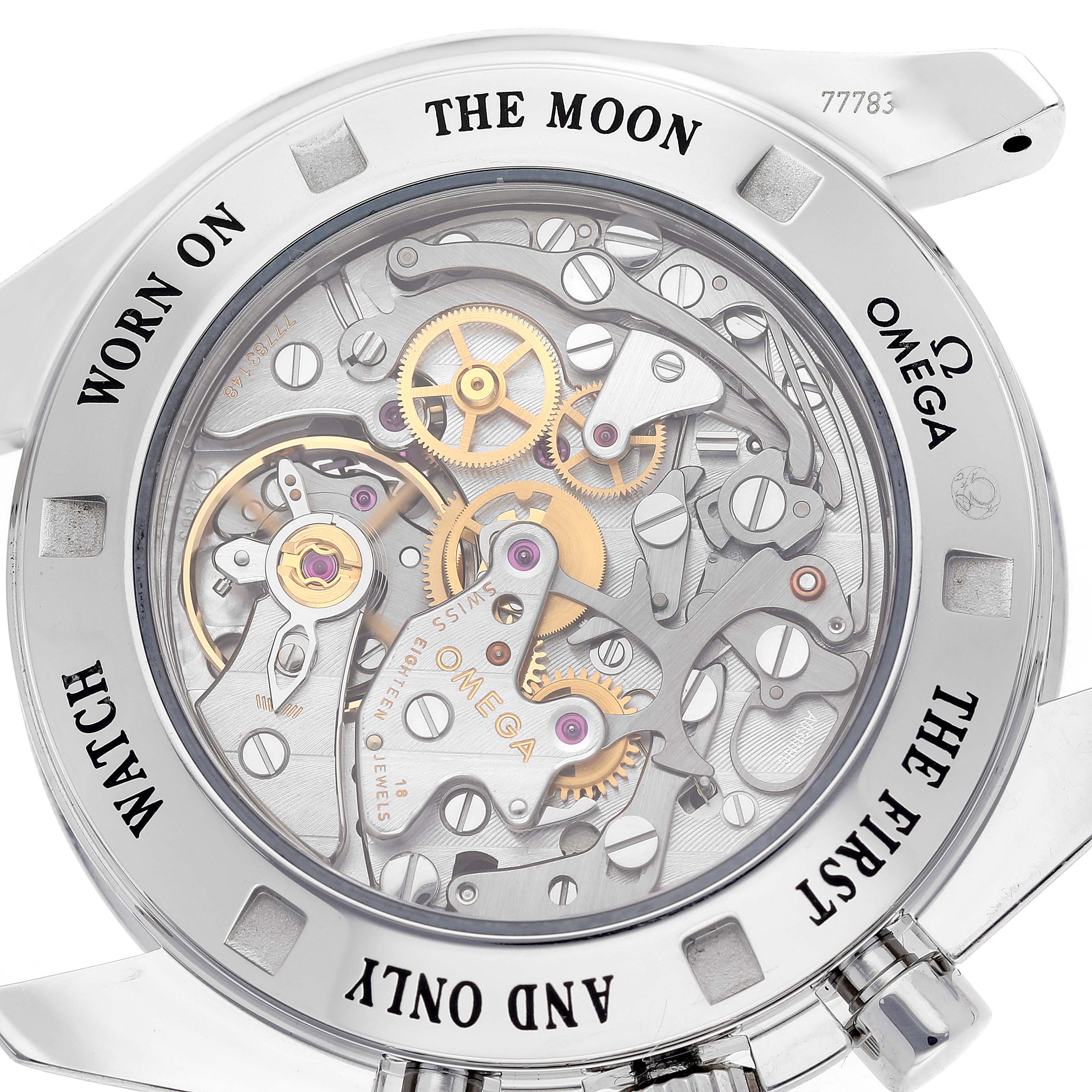 The image shows the back view of the Omega Speedmaster 3573.50.00 Men
s Stainless Steel Black Dial 3573.50.00 Men
s Stainless Steel Black Dial watch, displaying its intricate mechanical movement.