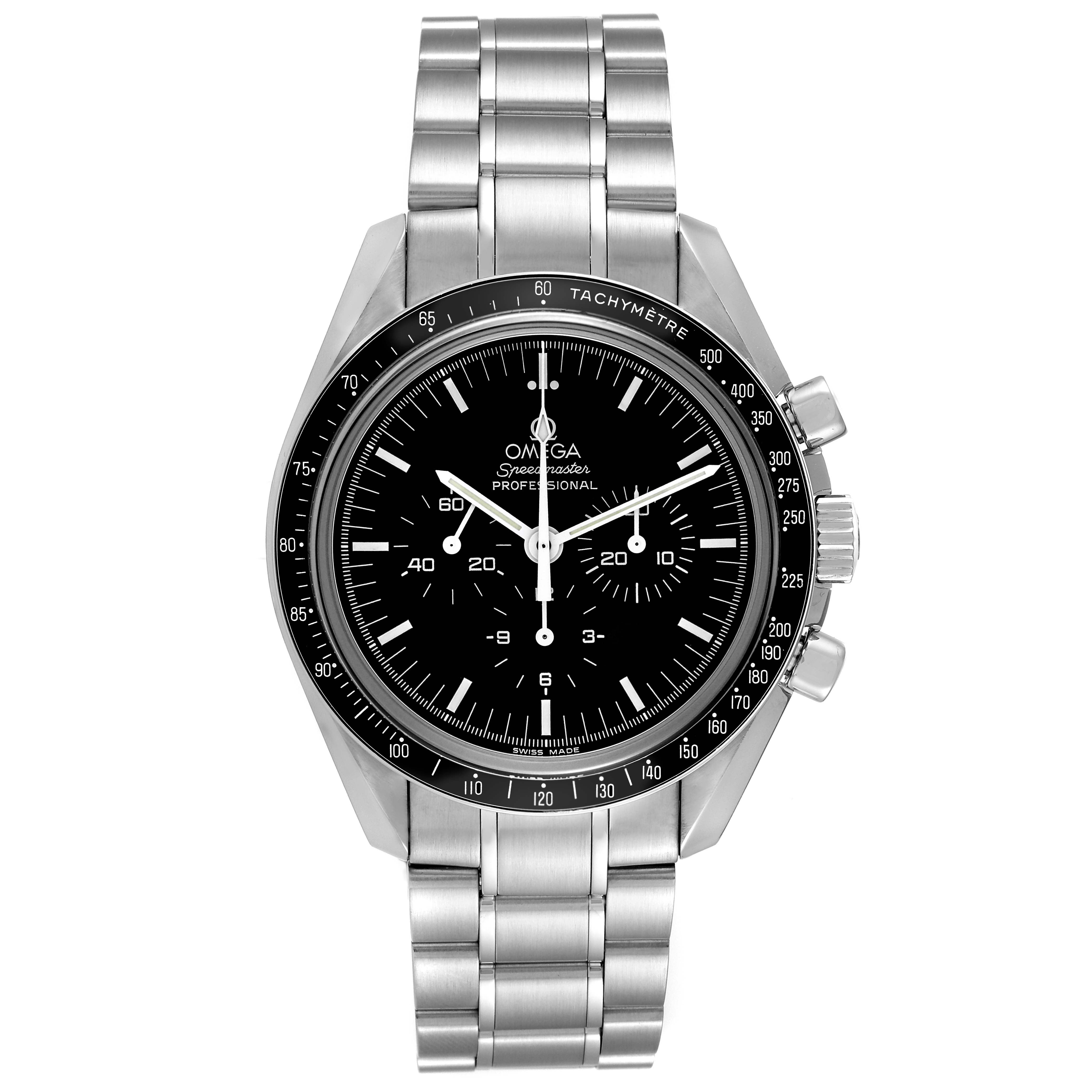 This image shows the front view of an Omega Speedmaster 3573.50.00 Men
s Stainless Steel Black Dial 3573.50.00 Men
s Stainless Steel Black Dial watch, highlighting the dial, bezel, and bracelet.
