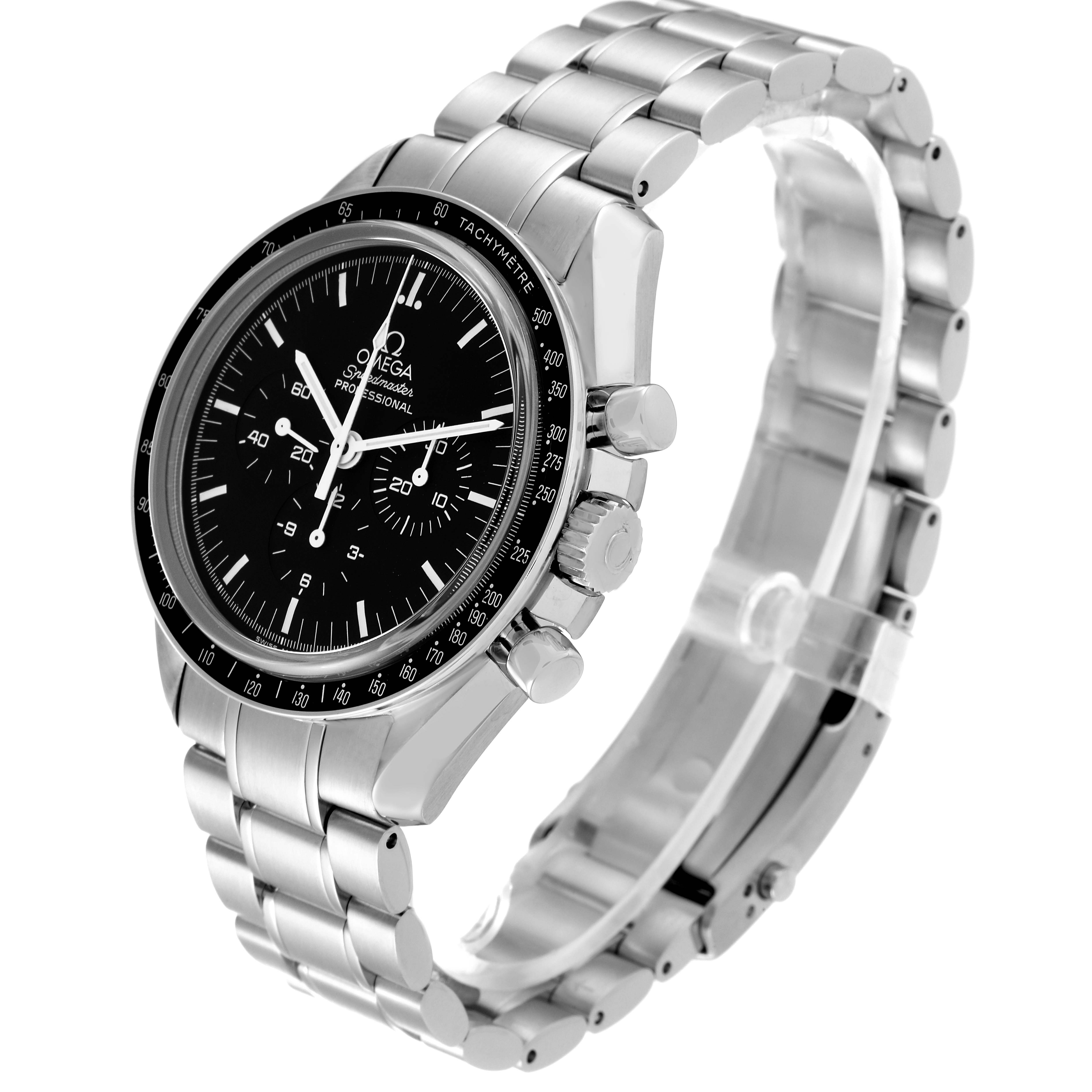 The image shows an Omega Speedmaster 3573.50.00 Men
s Stainless Steel Black Dial 3573.50.00 Men
s Stainless Steel Black Dial watch at an angled side view, highlighting the dial, bezel, and metal bracelet.