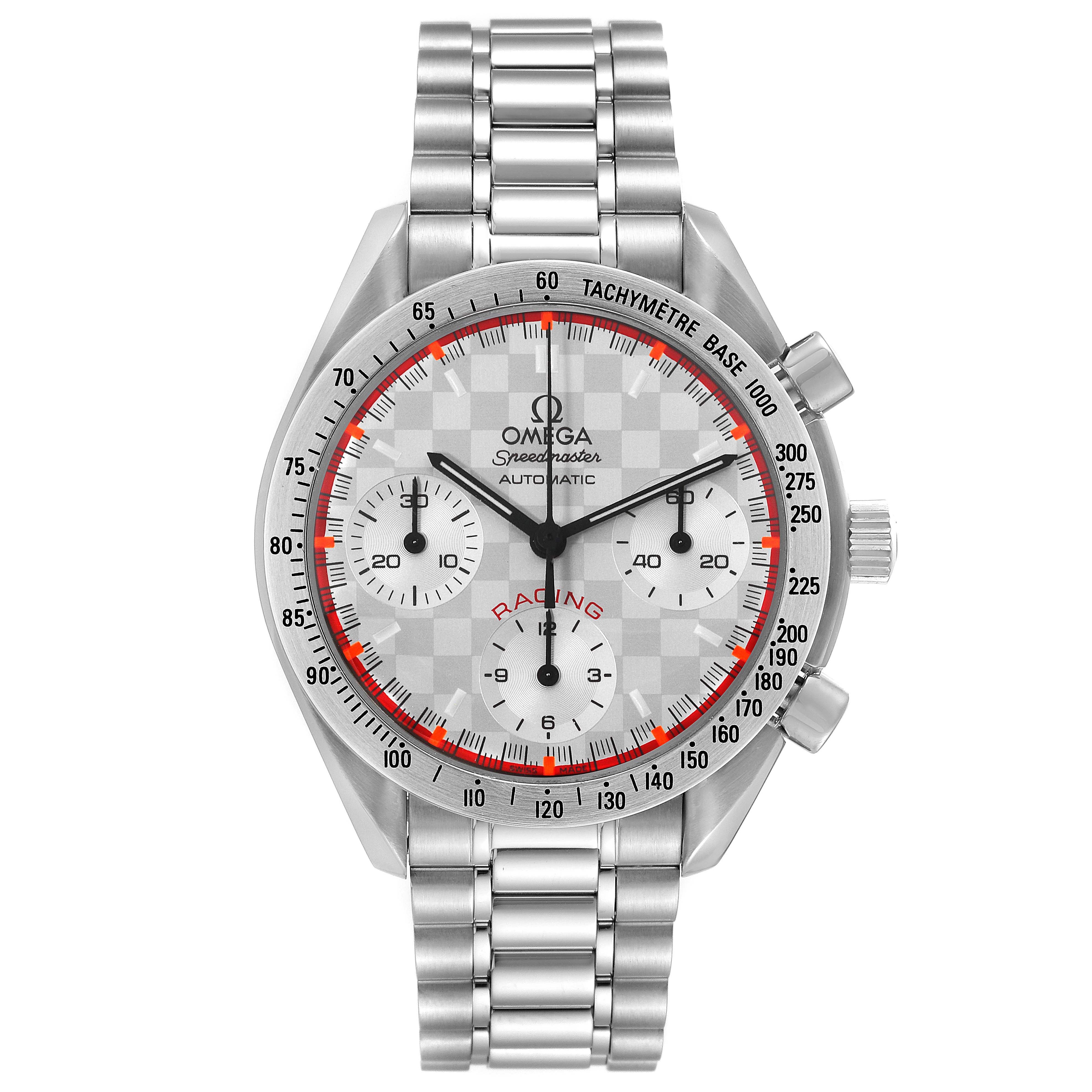 This image shows a frontal view of the Omega Speedmaster 3517.30.00 Men's Stainless Steel Silver Dial 3517.30.00 Men's Stainless Steel Silver Dial Racing model, highlighting the dial, subdials, and steel bracelet.