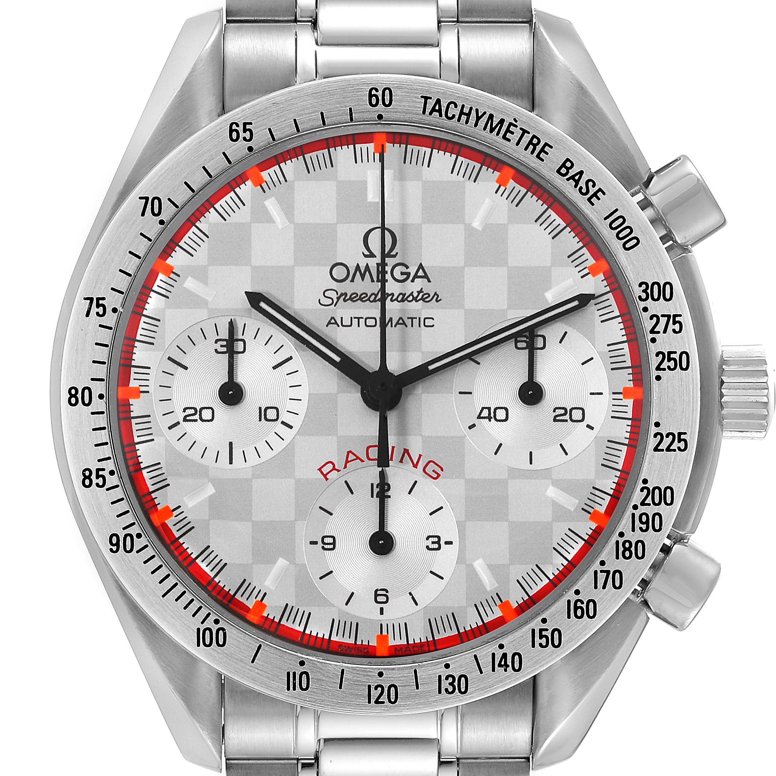 The image shows a front view of an Omega Speedmaster 3517.30.00 Men's Stainless Steel Silver Dial 3517.30.00 Men's Stainless Steel Silver Dial Racing watch, displaying its dial, bezel, crown, and pushers.