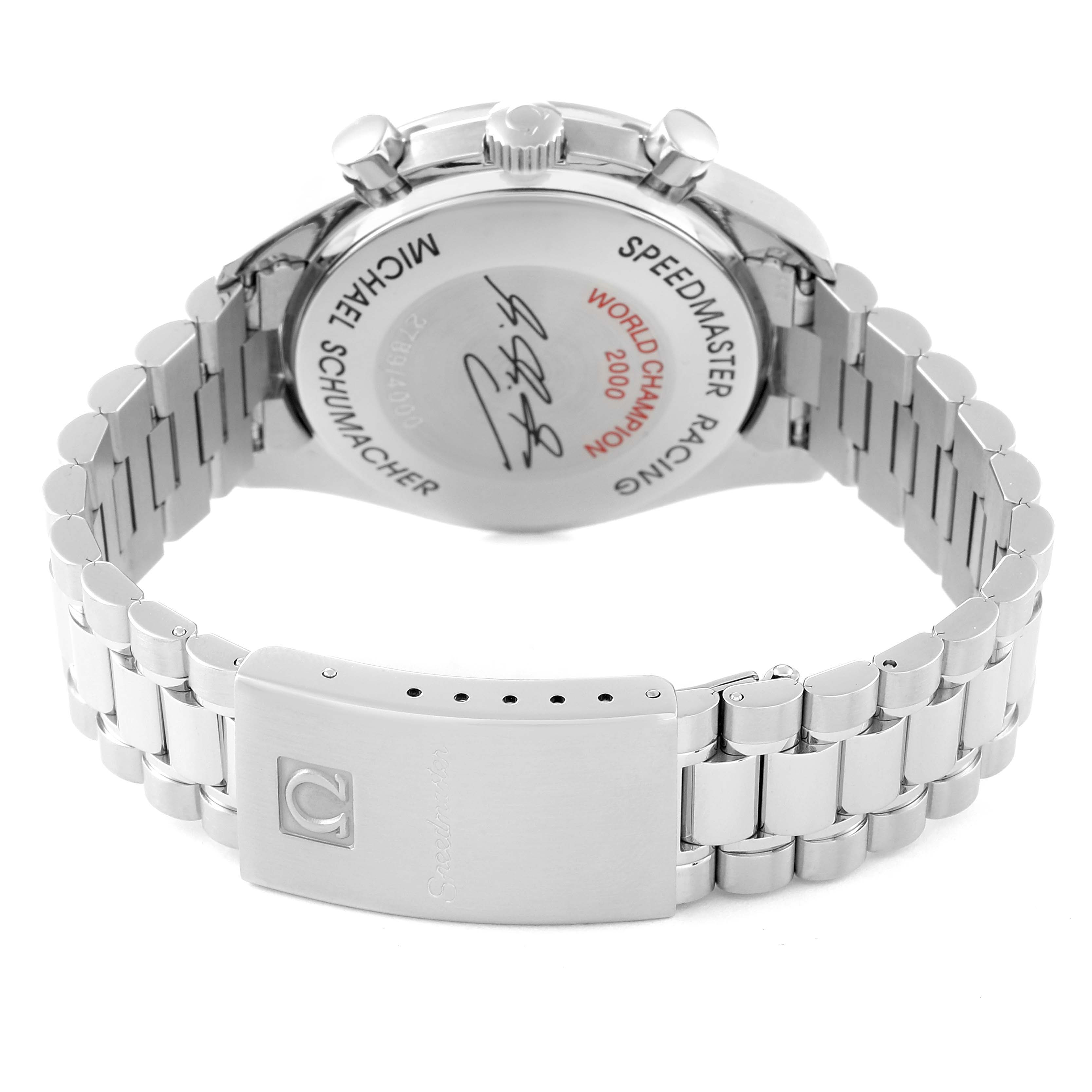 The image shows the back case and metal bracelet of an Omega Speedmaster 3517.30.00 Men's Stainless Steel Silver Dial 3517.30.00 Men's Stainless Steel Silver Dial watch, with visible inscriptions on the case back.