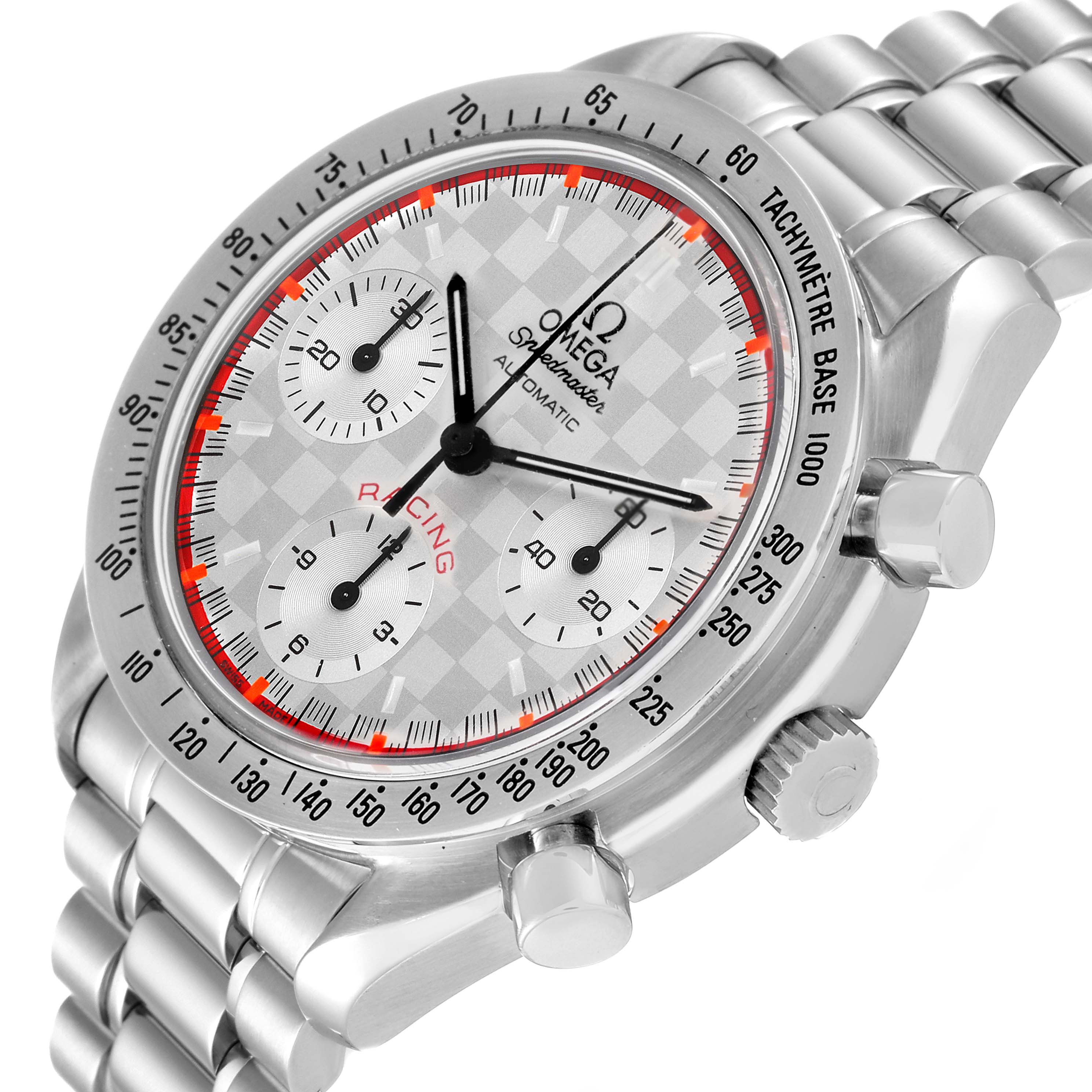 The image shows a close-up, side angle of the Omega Speedmaster 3517.30.00 Men's Stainless Steel Silver Dial 3517.30.00 Men's Stainless Steel Silver Dial watch, highlighting its dial, tachymeter, and metal bracelet.