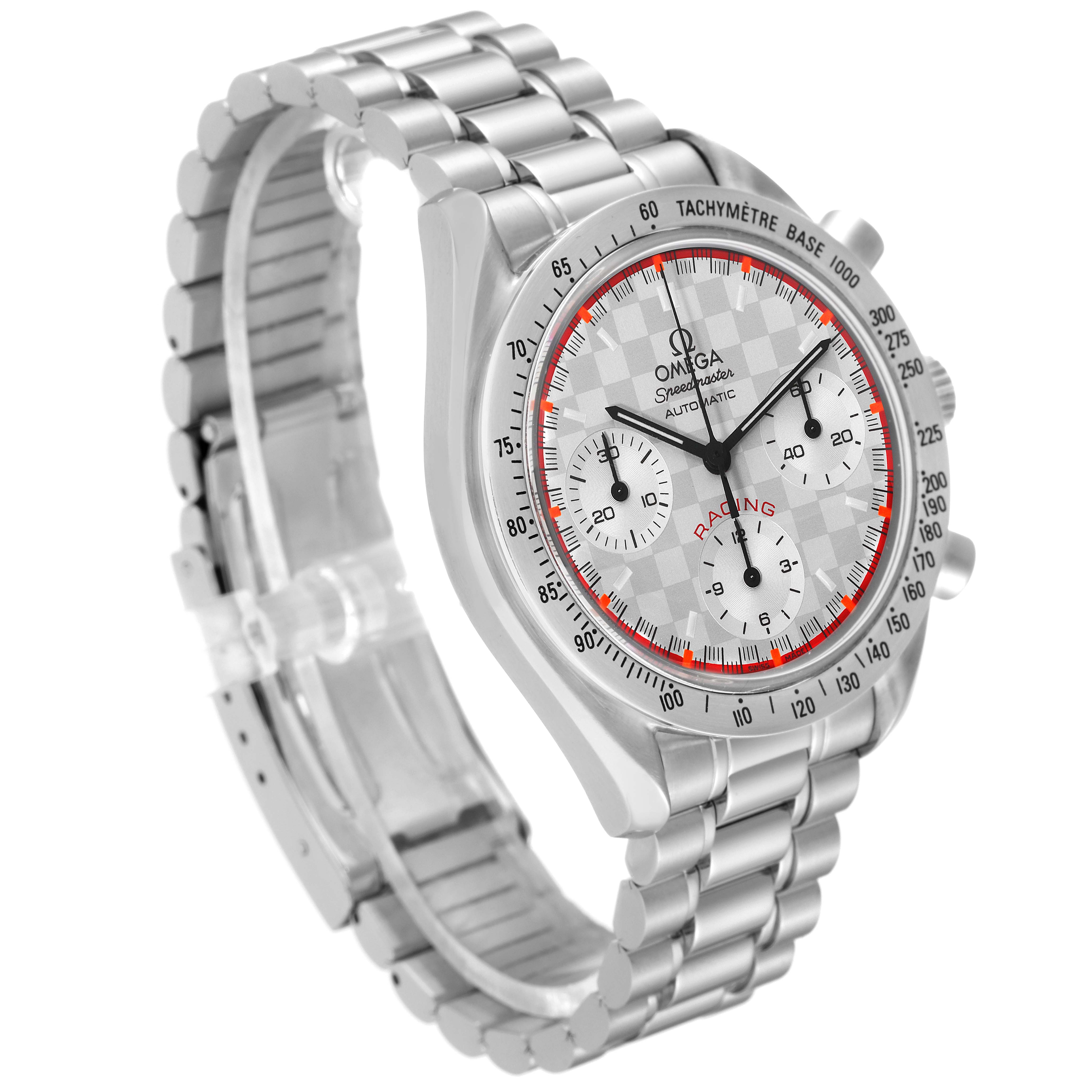 The image shows an angled view of the Omega Speedmaster 3517.30.00 Men's Stainless Steel Silver Dial 3517.30.00 Men's Stainless Steel Silver Dial watch, highlighting its bracelet, bezel, and dial with sub-dials.