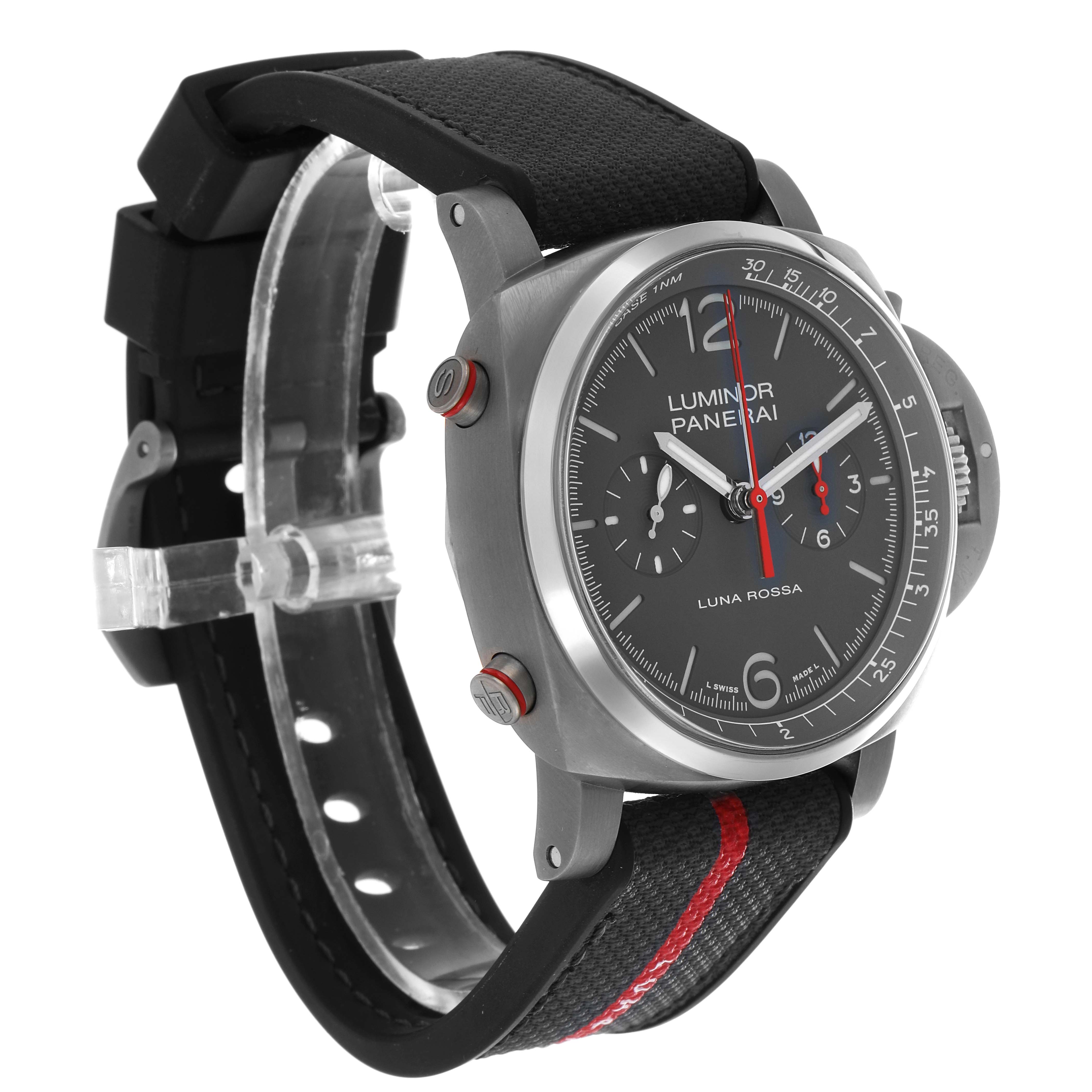 The Panerai Luminor PAM01654 Men's Titanium Grey Dial watch is shown at a three-quarter angle, highlighting the dial, case, crown, and strap.