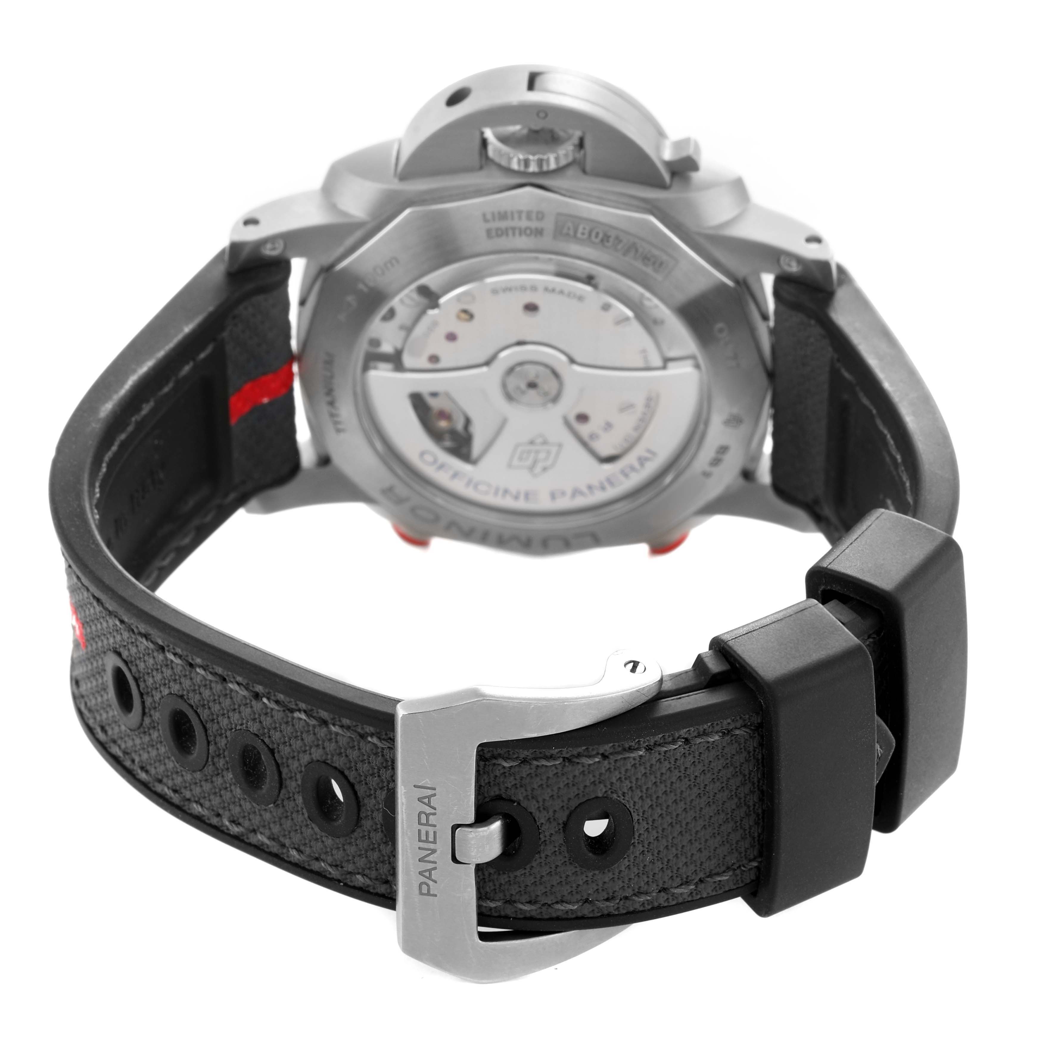 The image shows the back of the Panerai Luminor PAM01654 Men's Titanium Grey Dial watch, highlighting the case back, movement, and strap details.