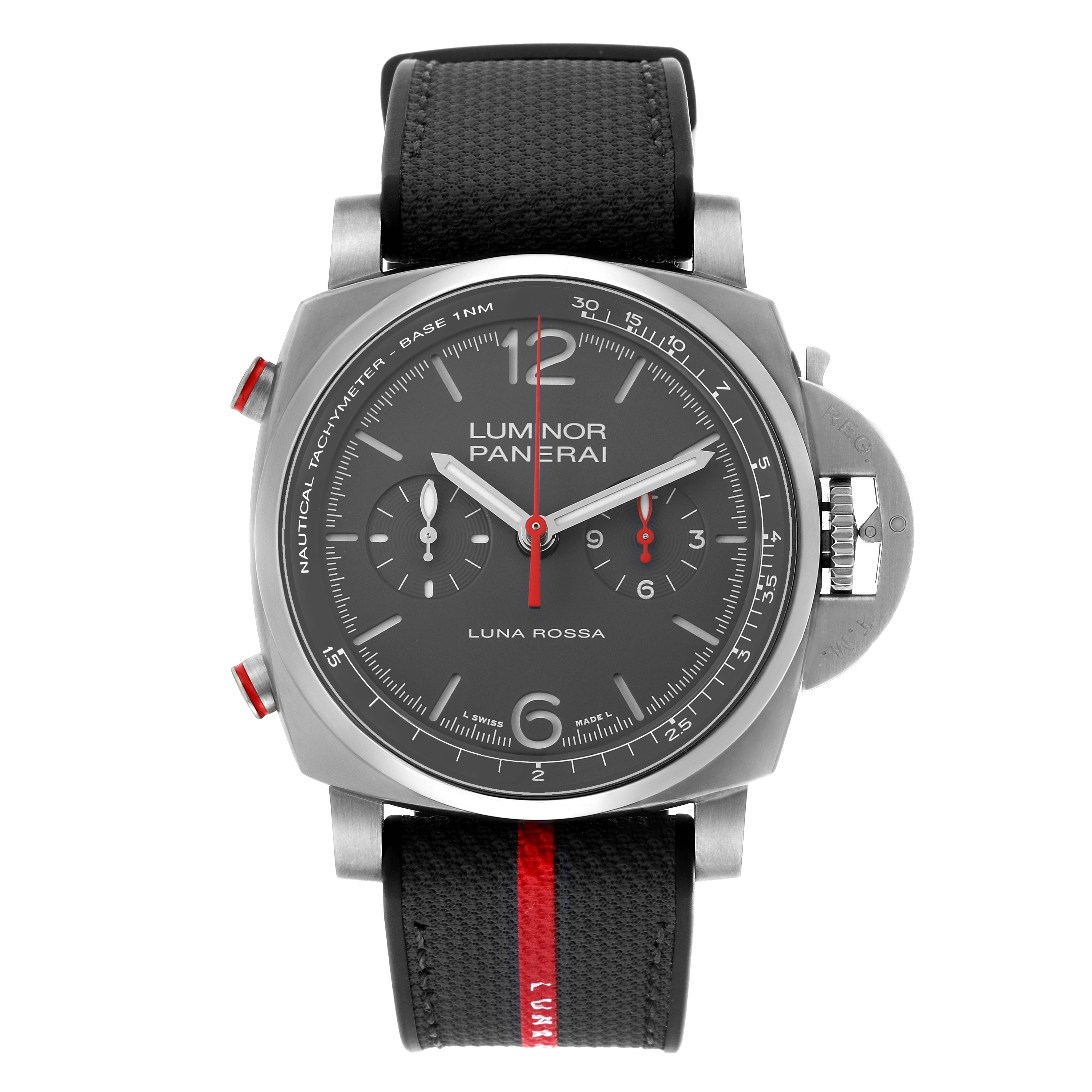 This image shows a front view of the Panerai Luminor PAM01654 Men's Titanium Grey Dial watch, highlighting its dial, crown guard, and strap with red accents.