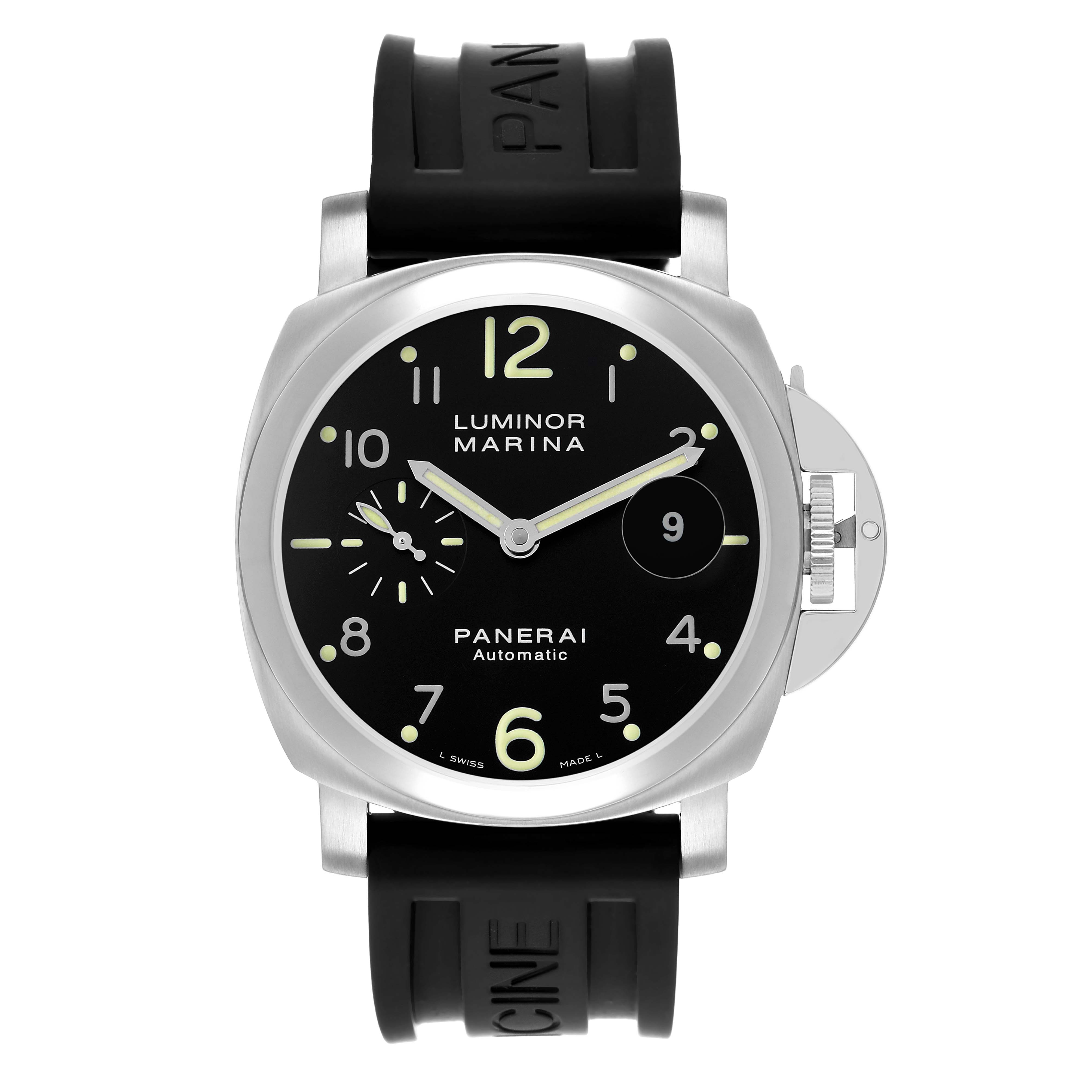 The Panerai Luminor PAM00164 Men's Stainless Steel Black Dial watch is shown from the front, highlighting the round dial, crown guard, and black strap.