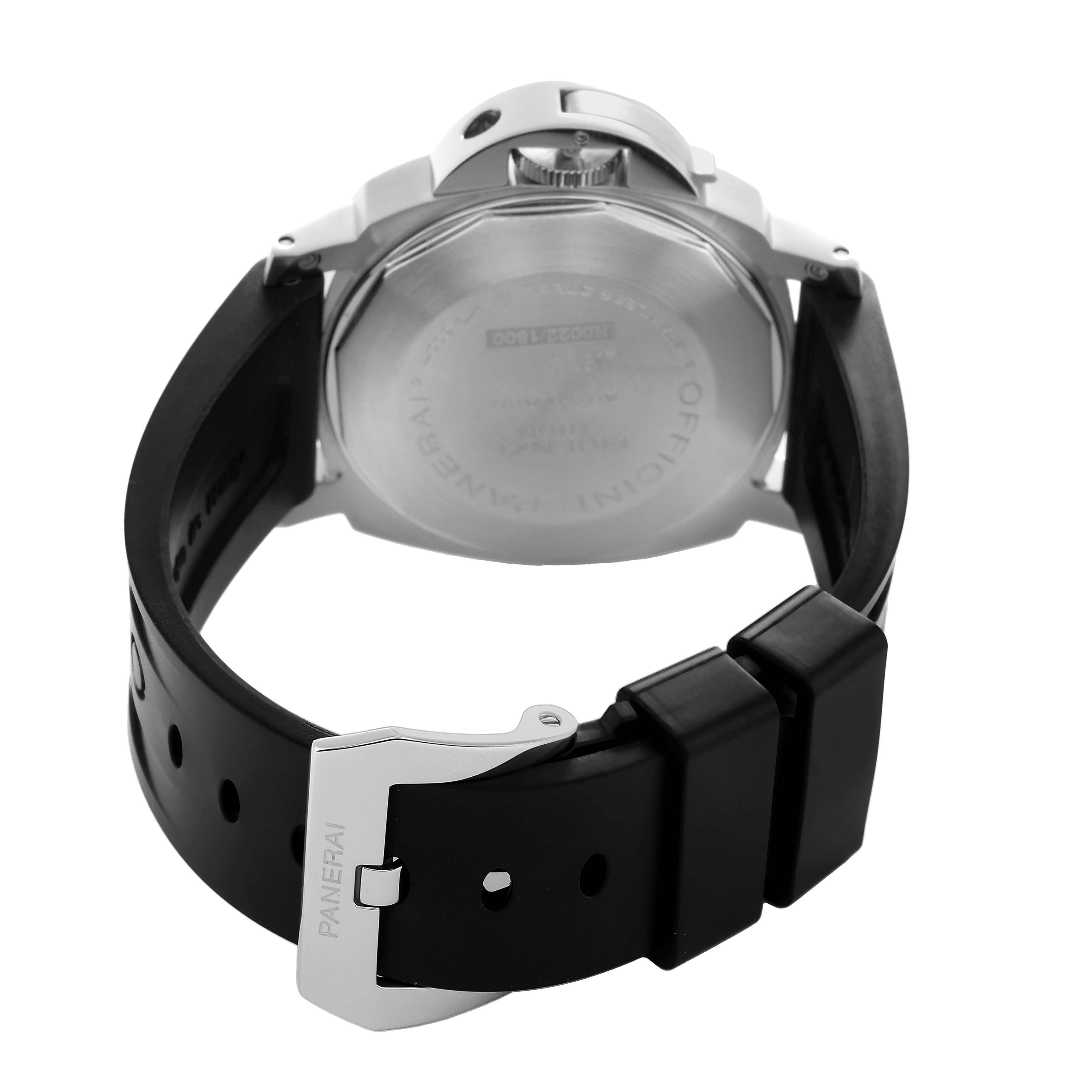 The image shows the back of the Panerai Luminor PAM00164 Men's Stainless Steel Black Dial watch, highlighting the case back, crown, and black rubber strap with clasp.