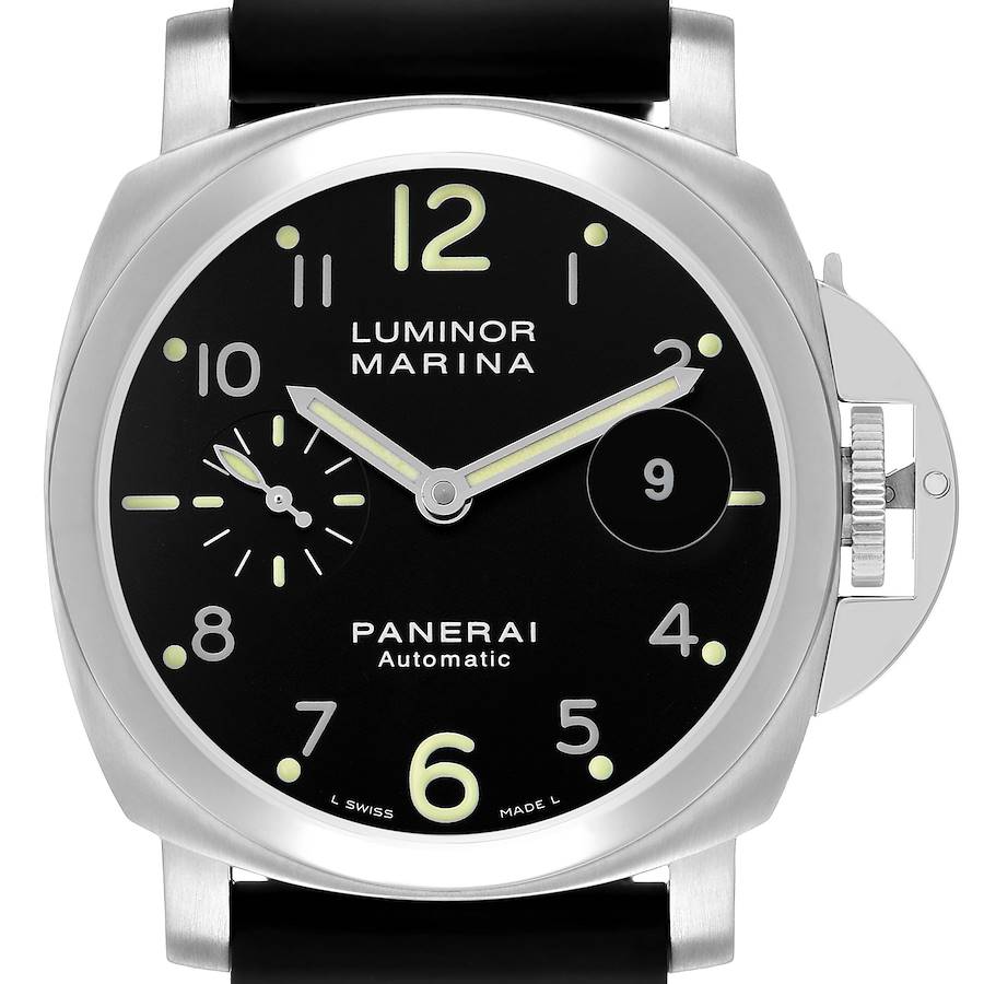 The Panerai Luminor PAM00164 Men's Stainless Steel Black Dial model is shown from a front angle, displaying the dial, hands, case, and crown guard prominently.