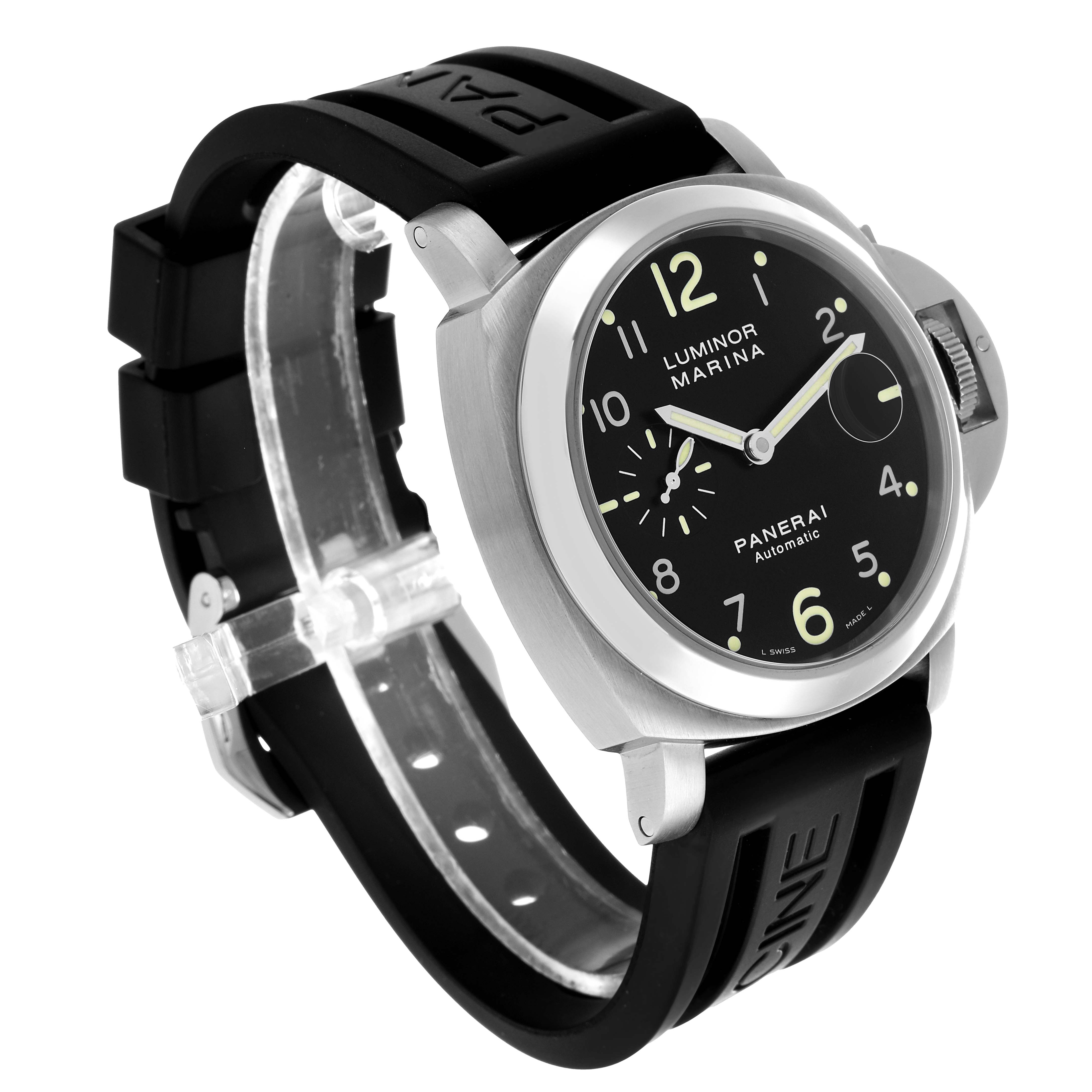 The Panerai Luminor PAM00164 Men's Stainless Steel Black Dial watch is shown at a three-quarter angle, highlighting the face, crown guard, and rubber strap.
