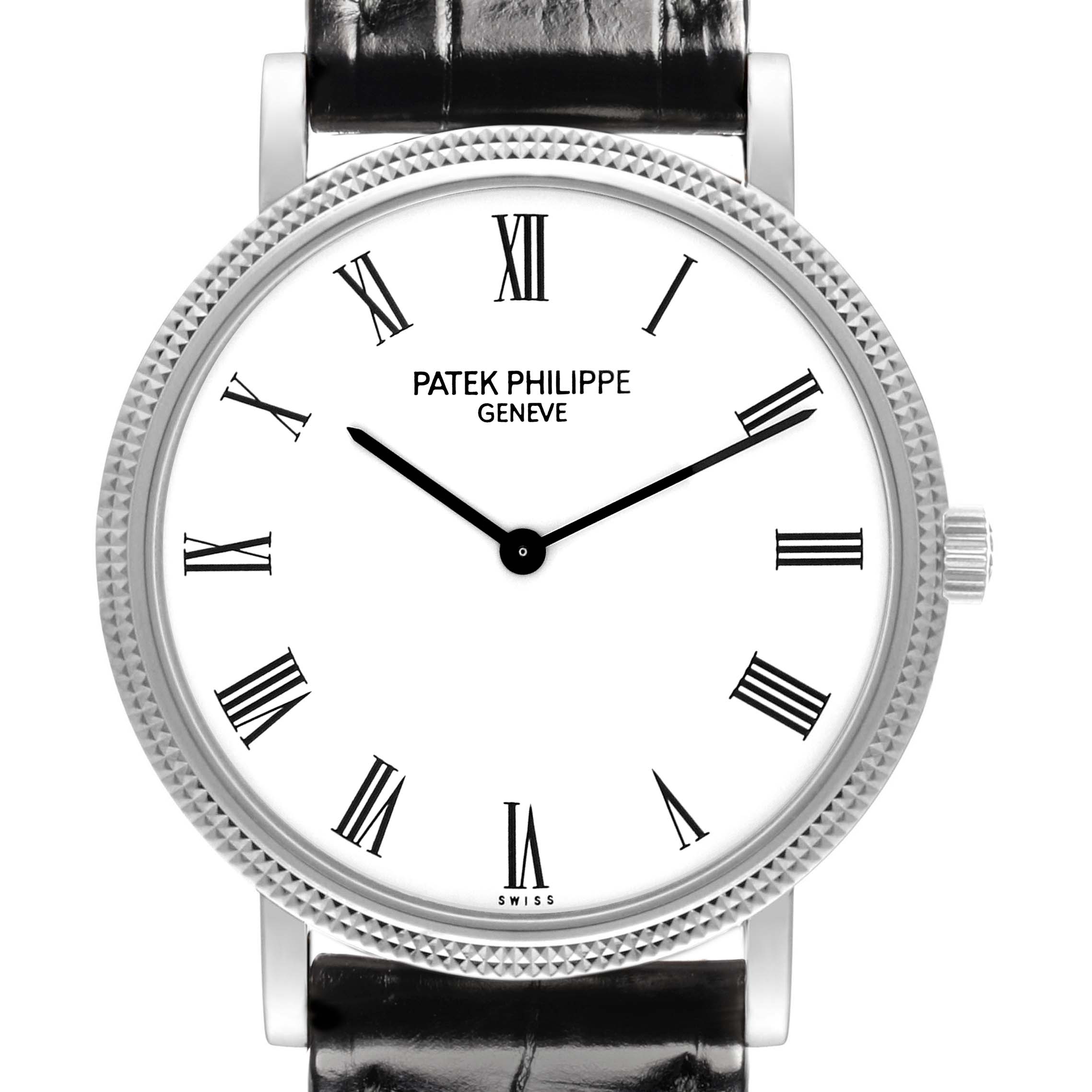 The image shows a front view of the Patek Philippe Calatrava 5120G-001 Men's White Gold White Dial 5120G-001 Men's White Gold White Dial watch, highlighting the dial, bezel, and strap.