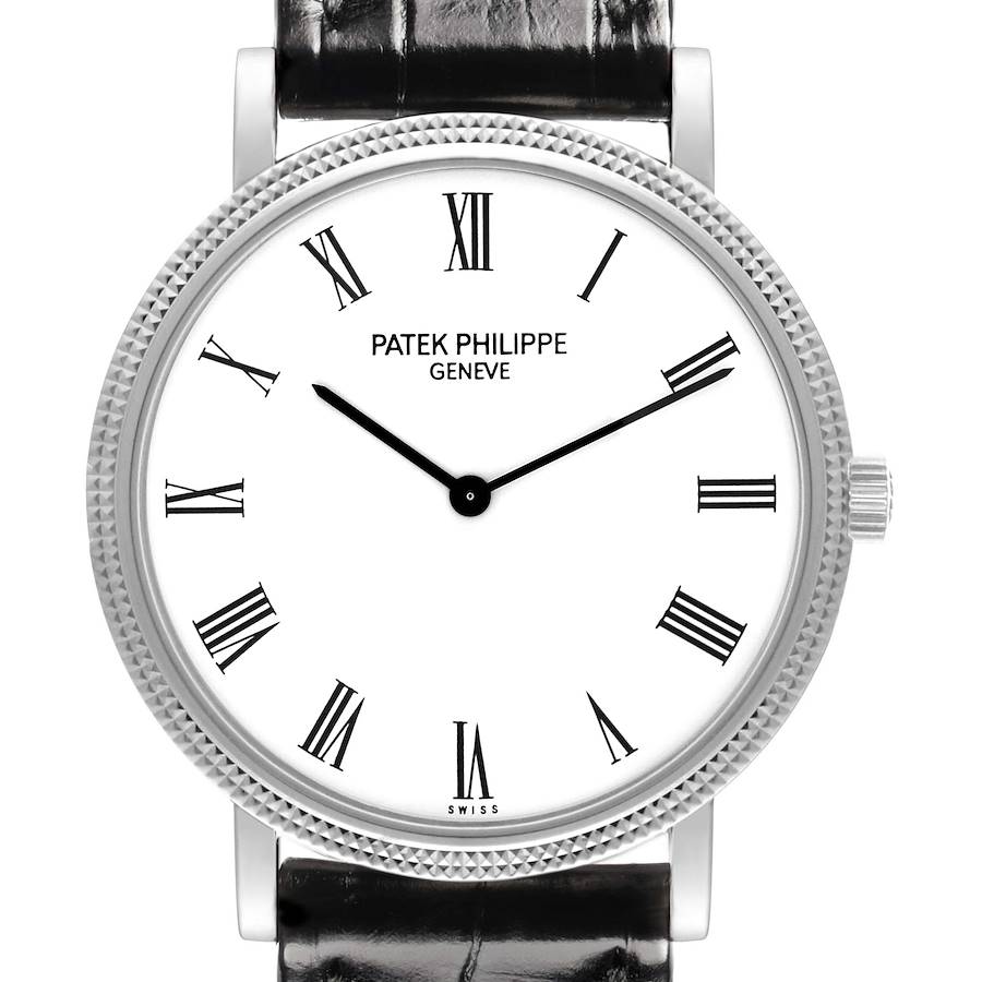 The image shows a front view of the Patek Philippe Calatrava watch, highlighting the dial, bezel, and strap.
