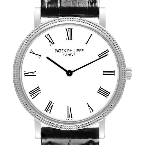 The image shows a front view of the Patek Philippe Calatrava watch, highlighting its face, bezel, and strap.