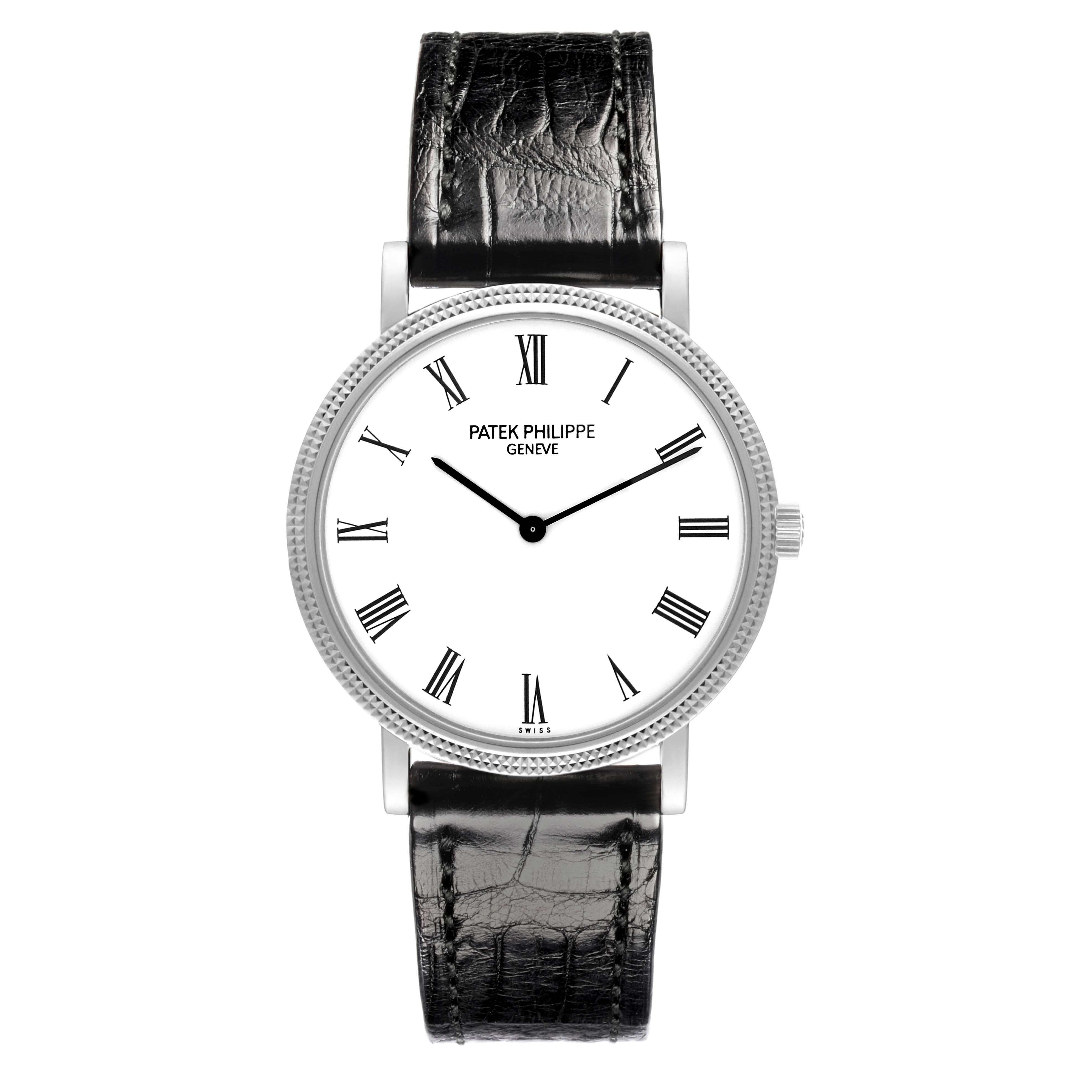 The Patek Philippe Calatrava 5120G-001 Men's White Gold White Dial 5120G-001 Men's White Gold White Dial watch is shown from a front angle, displaying the dial, hands, and leather strap.