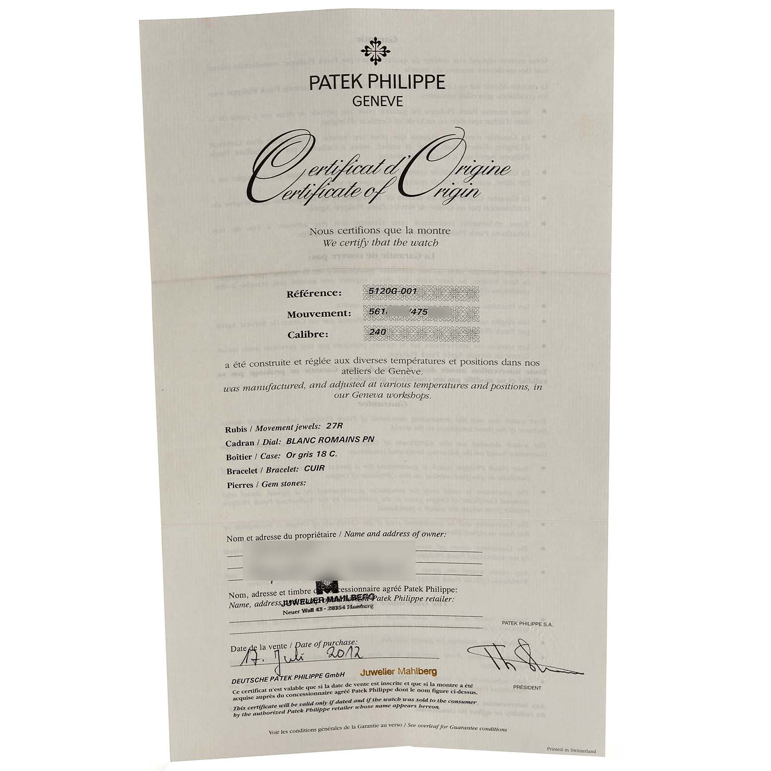 This image shows a Certificate of Origin for a Patek Philippe Calatrava 5120G-001 Men's White Gold White Dial 5120G-001 Men's White Gold White Dial watch.