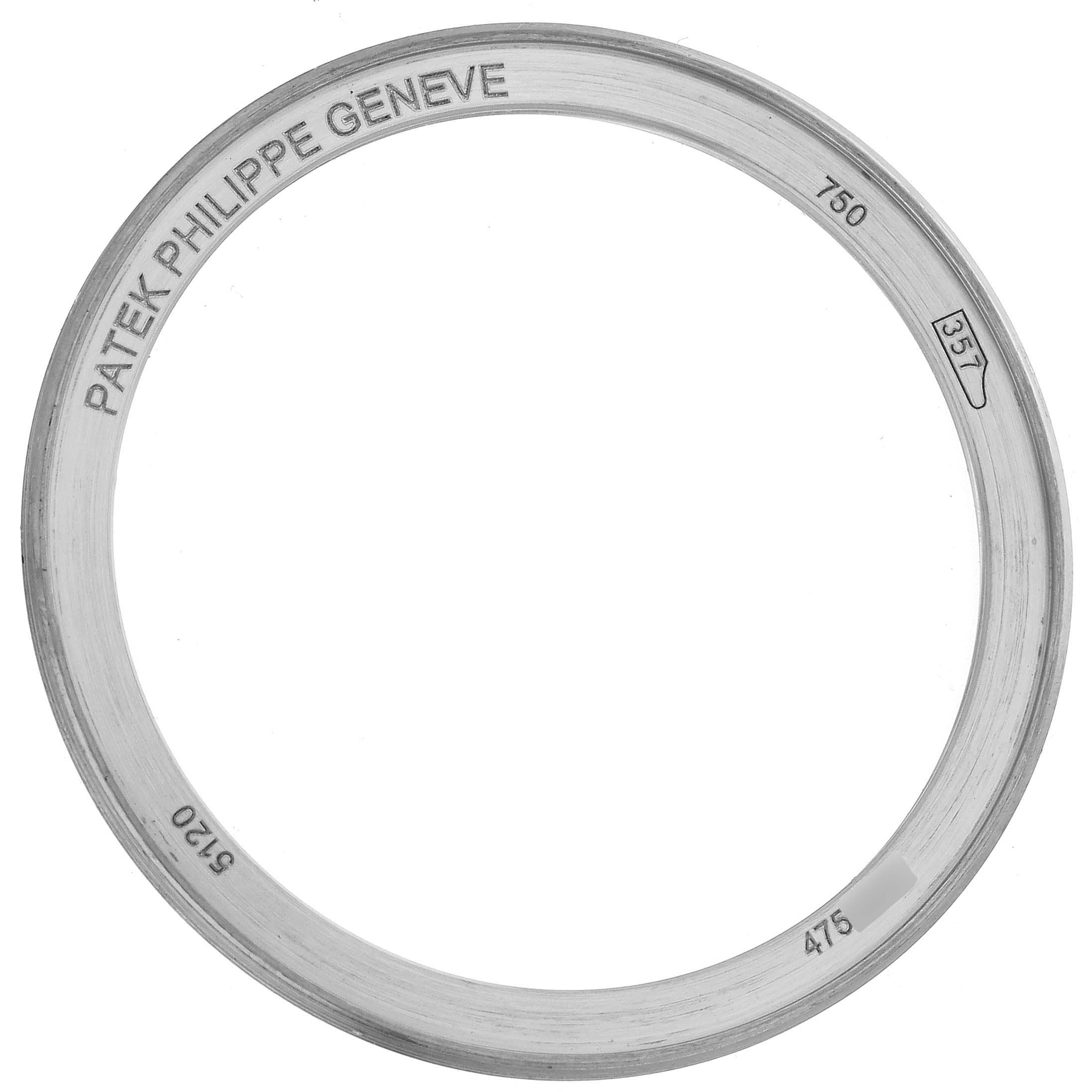 The image shows a Patek Philippe Calatrava 5120G-001 Men's White Gold White Dial 5120G-001 Men's White Gold White Dial watch bezel from a top-down angle.