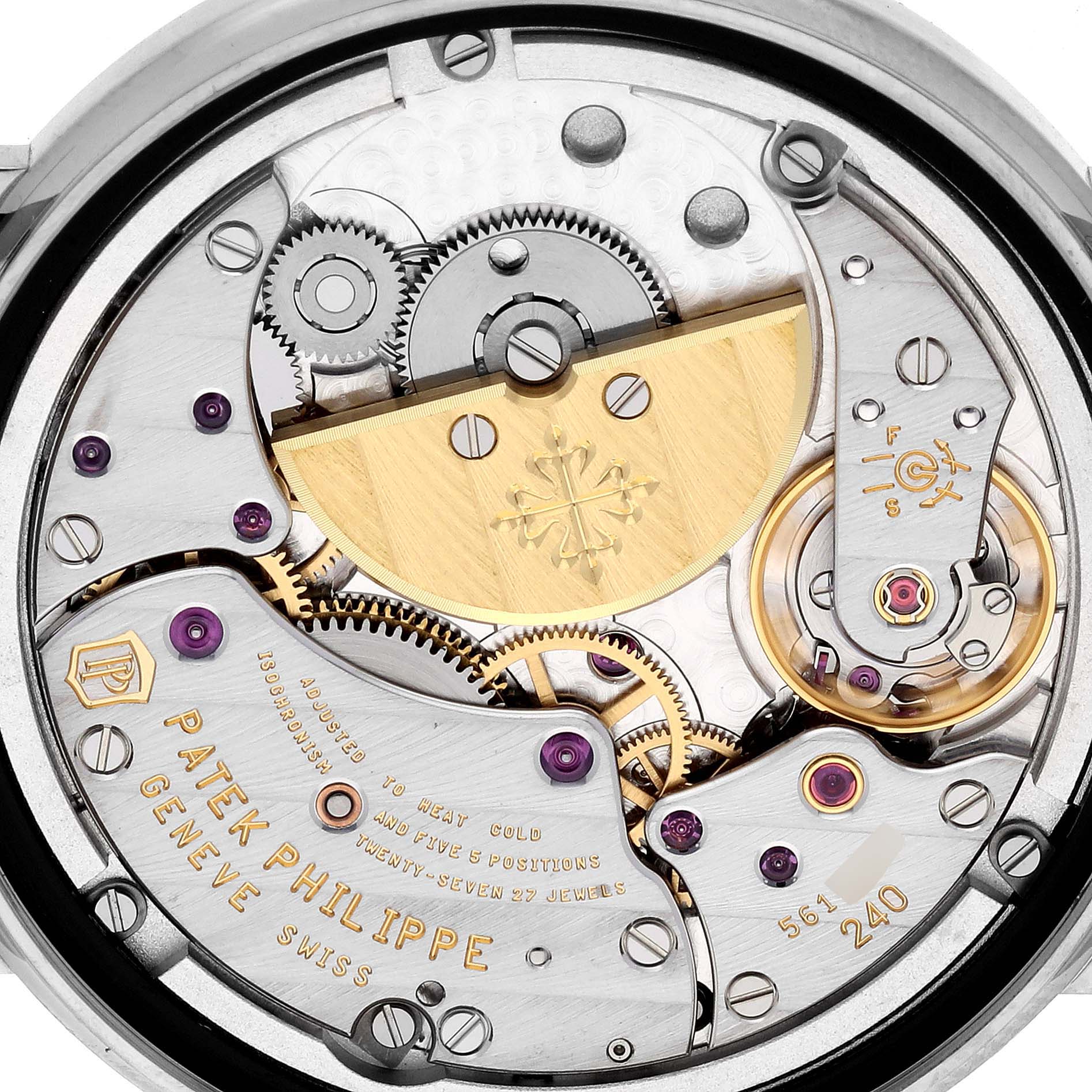 The image shows the back view of the Patek Philippe Calatrava 5120G-001 Men's White Gold White Dial 5120G-001 Men's White Gold White Dial, highlighting its intricate mechanical movement.