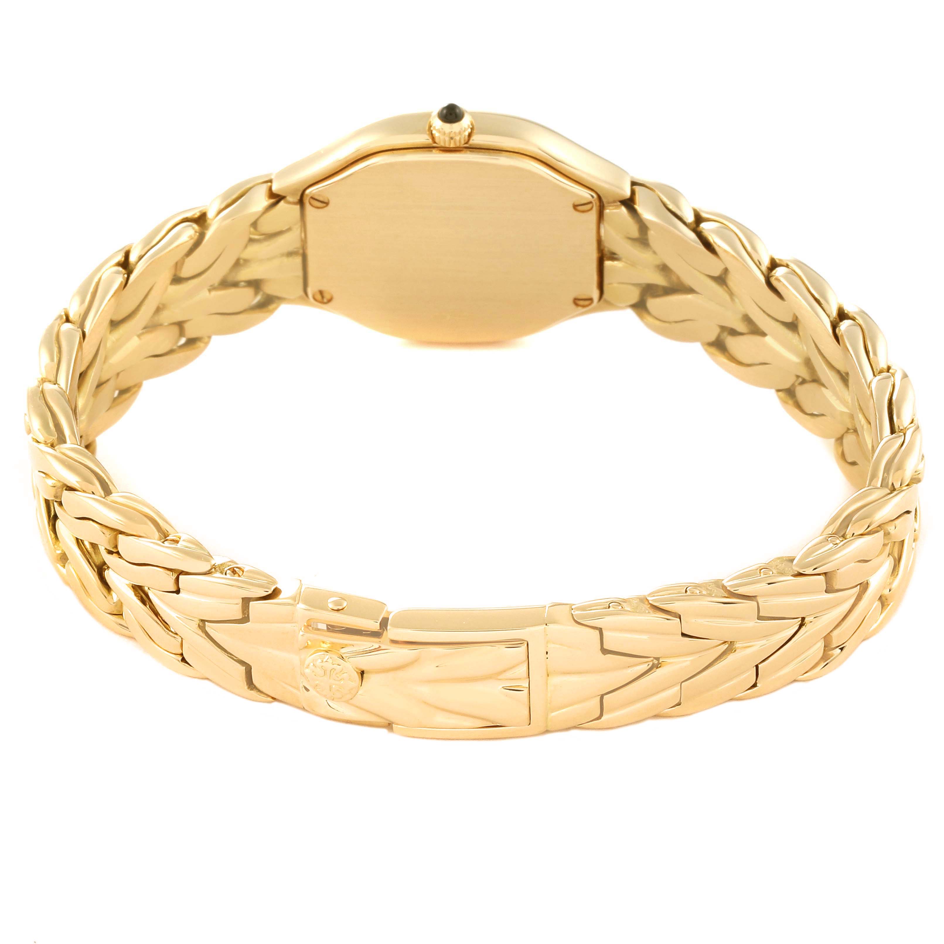 The image shows the back side of the La Flamme model by Patek Philippe, highlighting the bracelet and clasp.