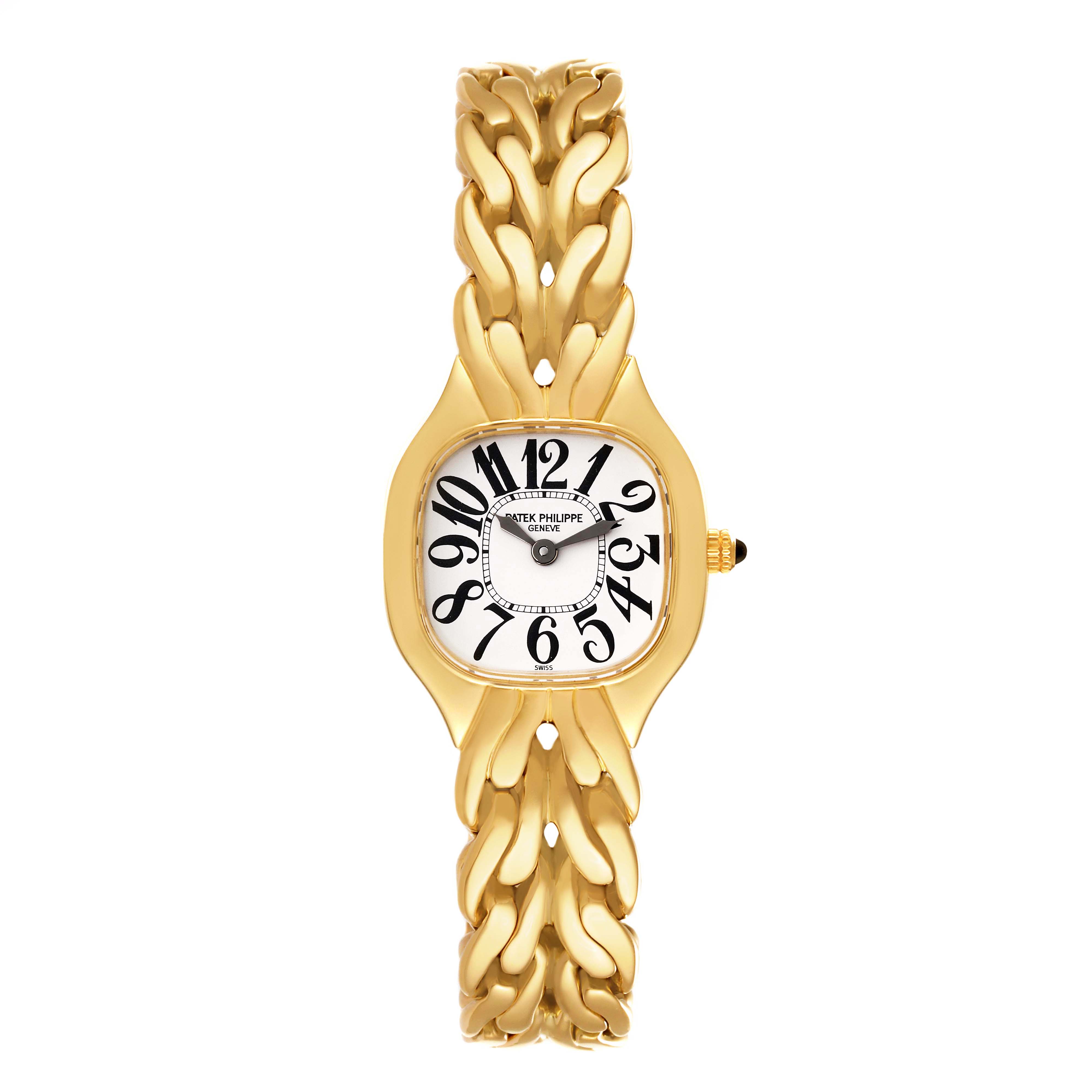 The image shows a Patek Philippe La Flamme  4815/1J Women's Yellow Gold White Dial 4815/1J Women's Yellow Gold White Dialwatch from a top-down angle, displaying the face, numerals, and gold bracelet.