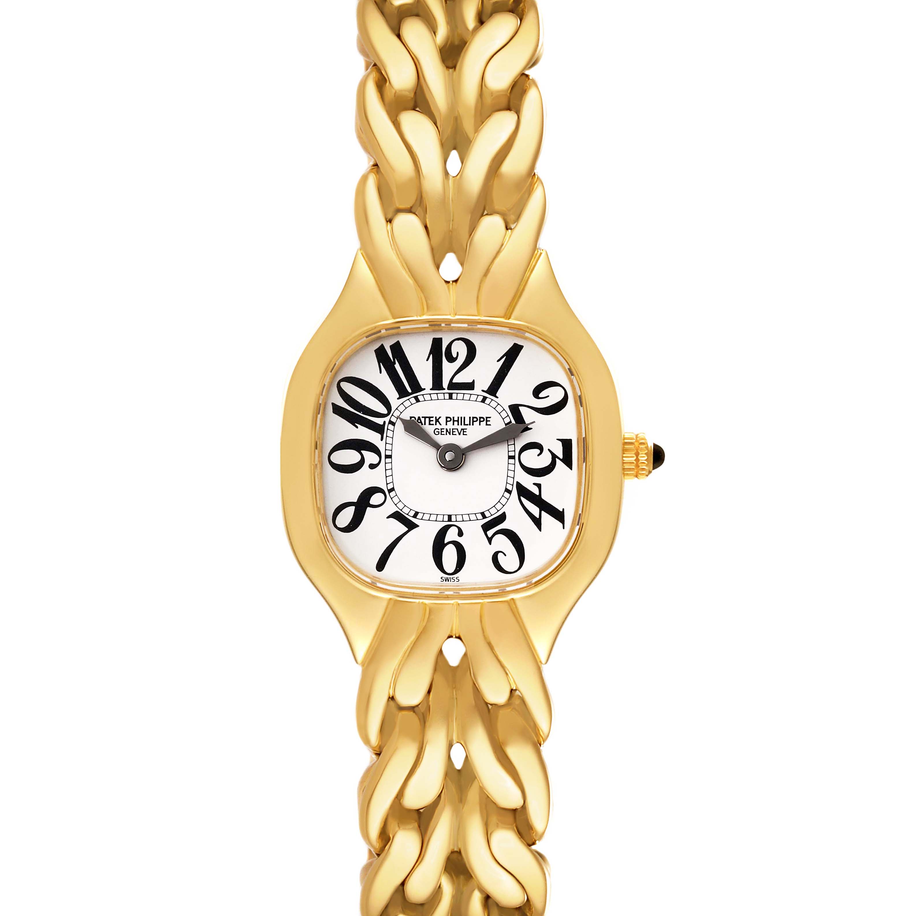The image shows a front-view angle of the Patek Philippe La Flamme  4815/1J Women's Yellow Gold White Dial 4815/1J Women's Yellow Gold White Dialwatch, featuring the face and a portion of the gold bracelet.